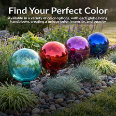 Sunnydaze gazing ball on a metal stand in a flower bed adding reflective depth