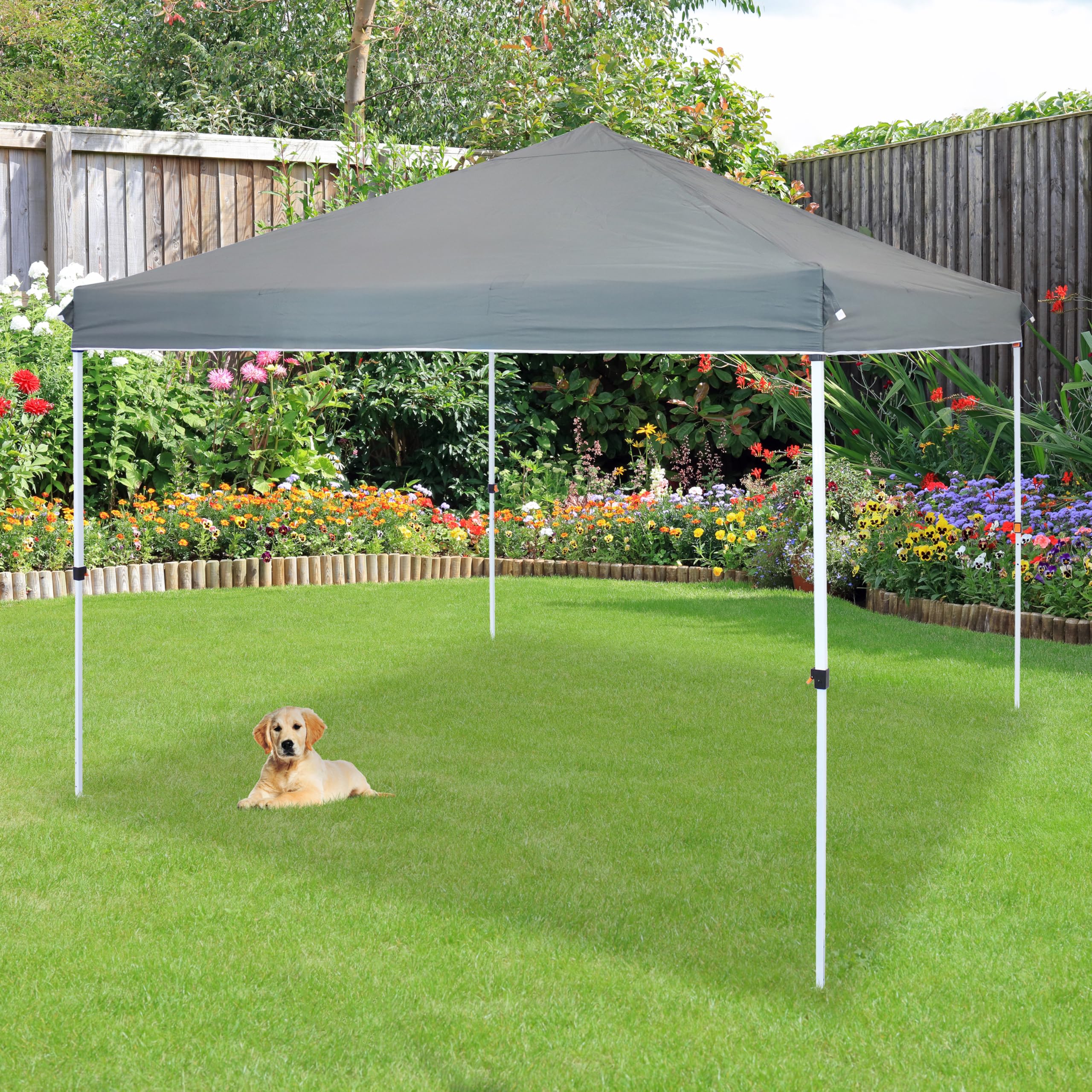 Sunnydaze gray canopy in backyard setting adding shaded comfort