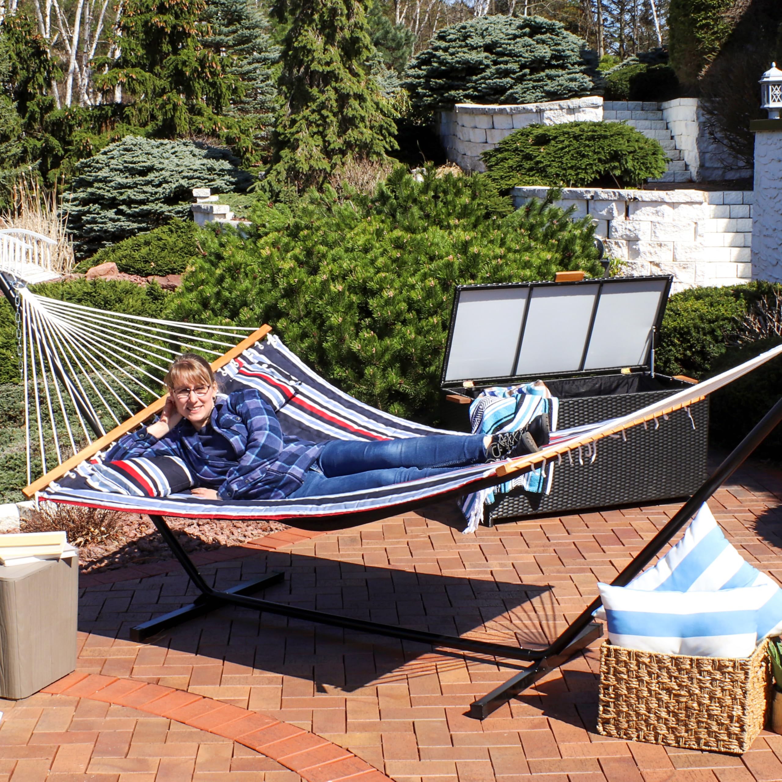 Sunnydaze hammock folded to show portability and easy storage