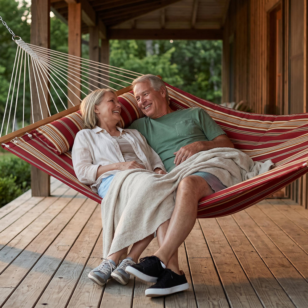 Sunnydaze folded hammock packed for travel showing lightweight portability