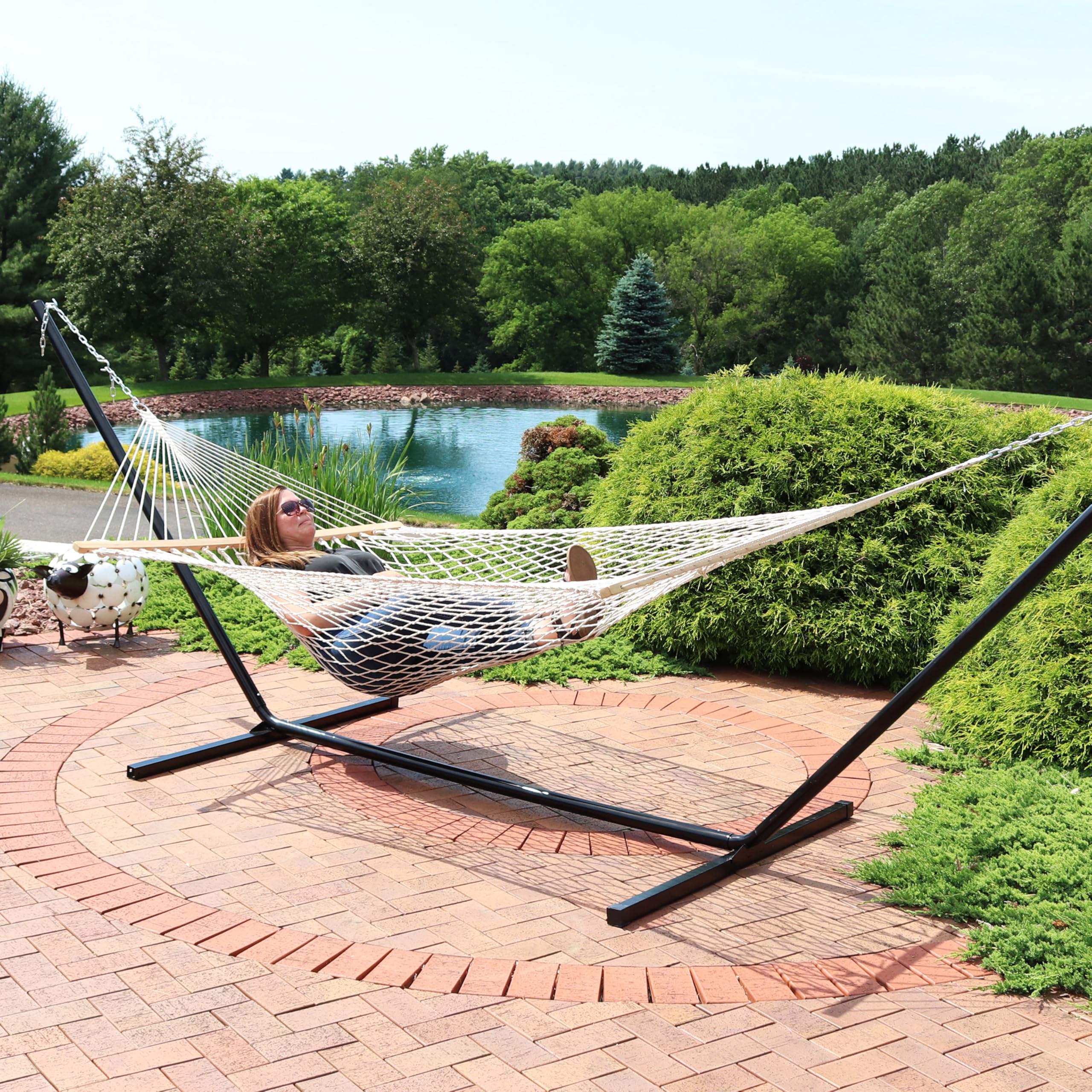 Sunnydaze hammock folded in storage bag showing portability and easy care