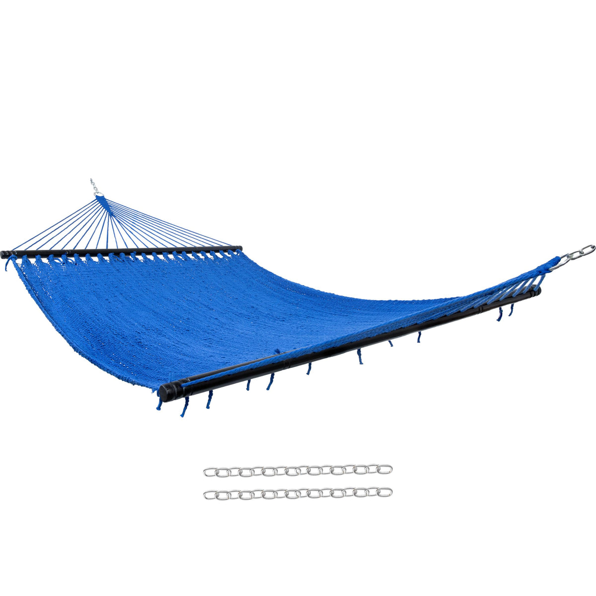 Sunnydaze hammock front view showing colorful rope bed and spreader bars for stylish comfort