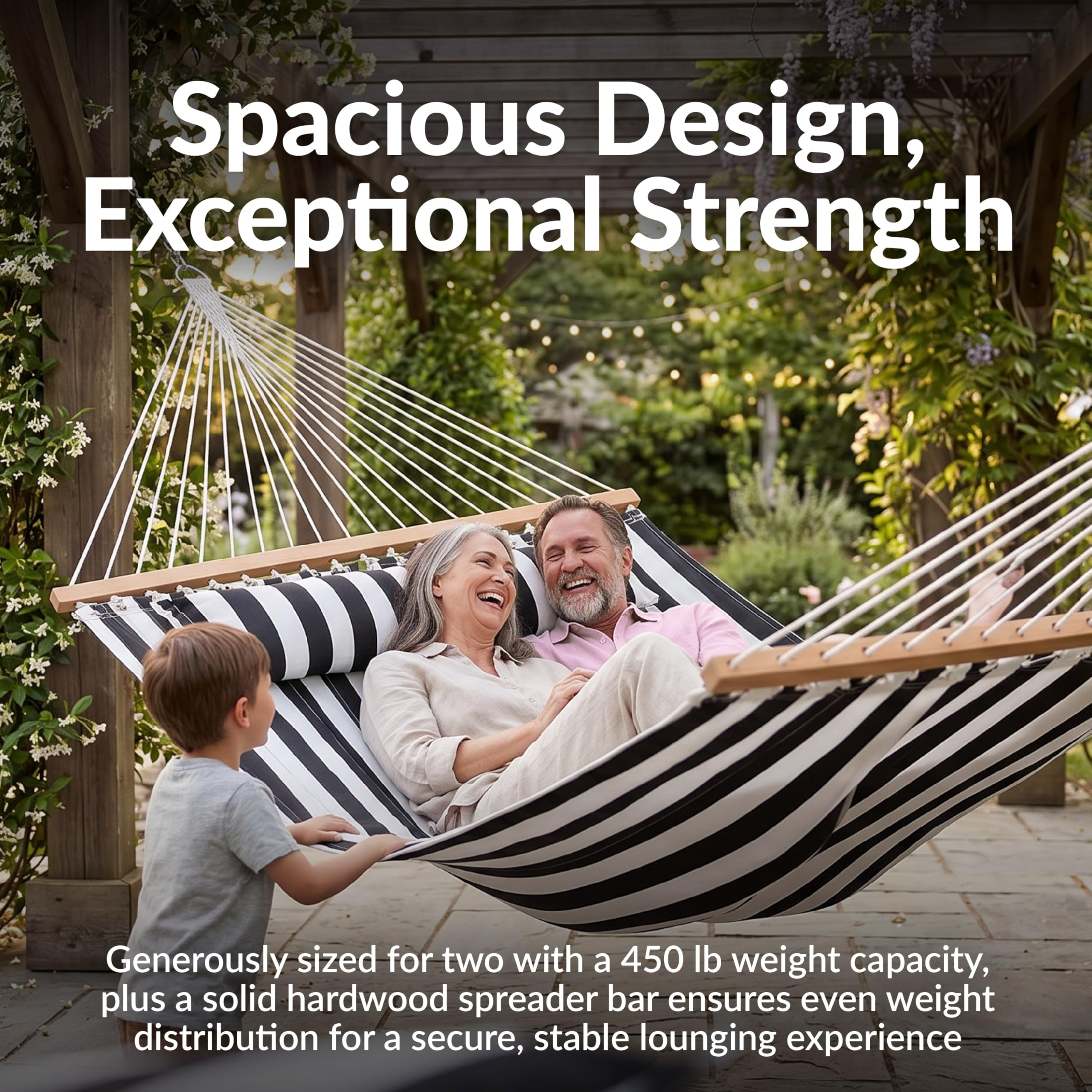 Sunnydaze Decor hammock hung in backyard patio creating relaxing outdoor living space