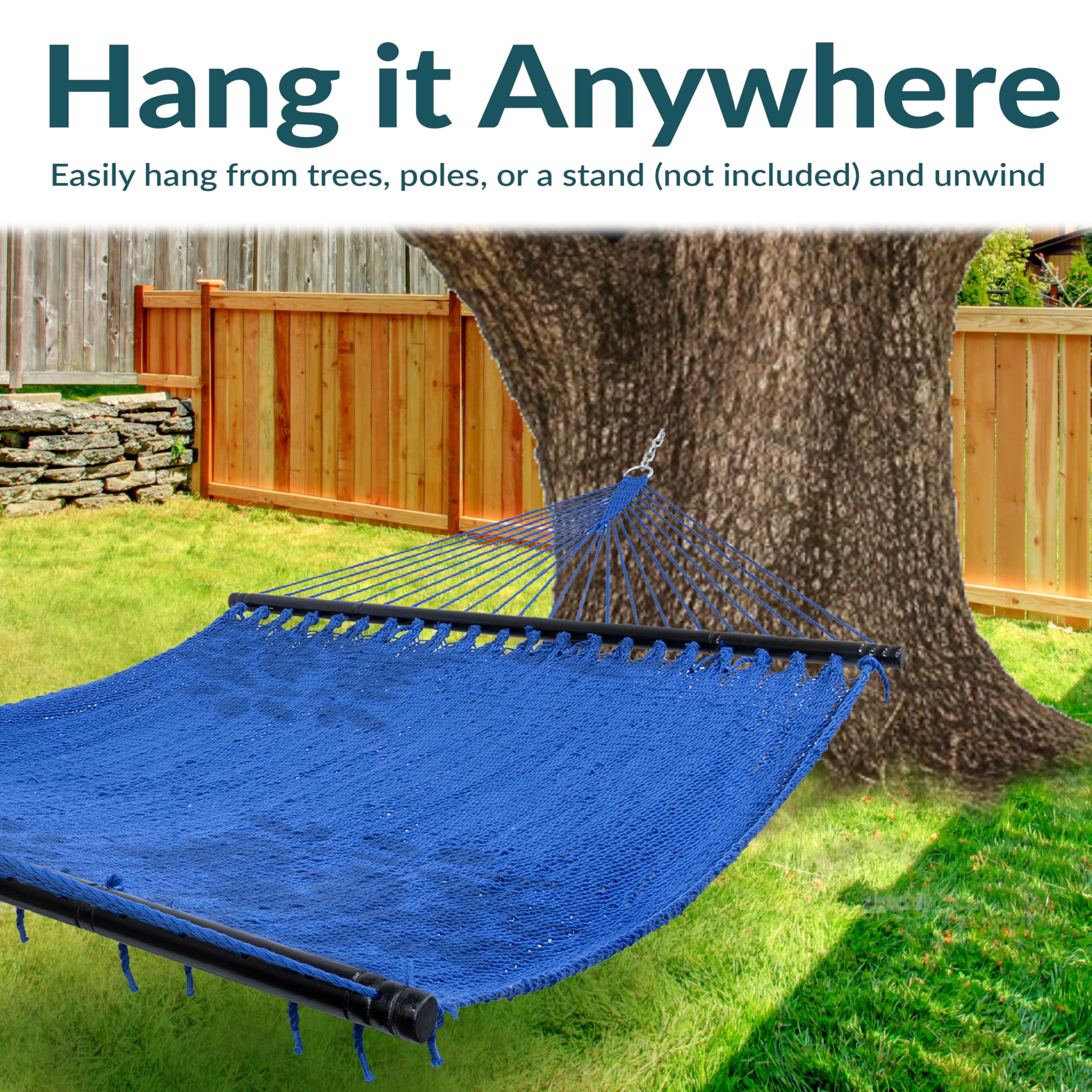 Sunnydaze hammock in use with two people relaxing, illustrating roomy comfort and support