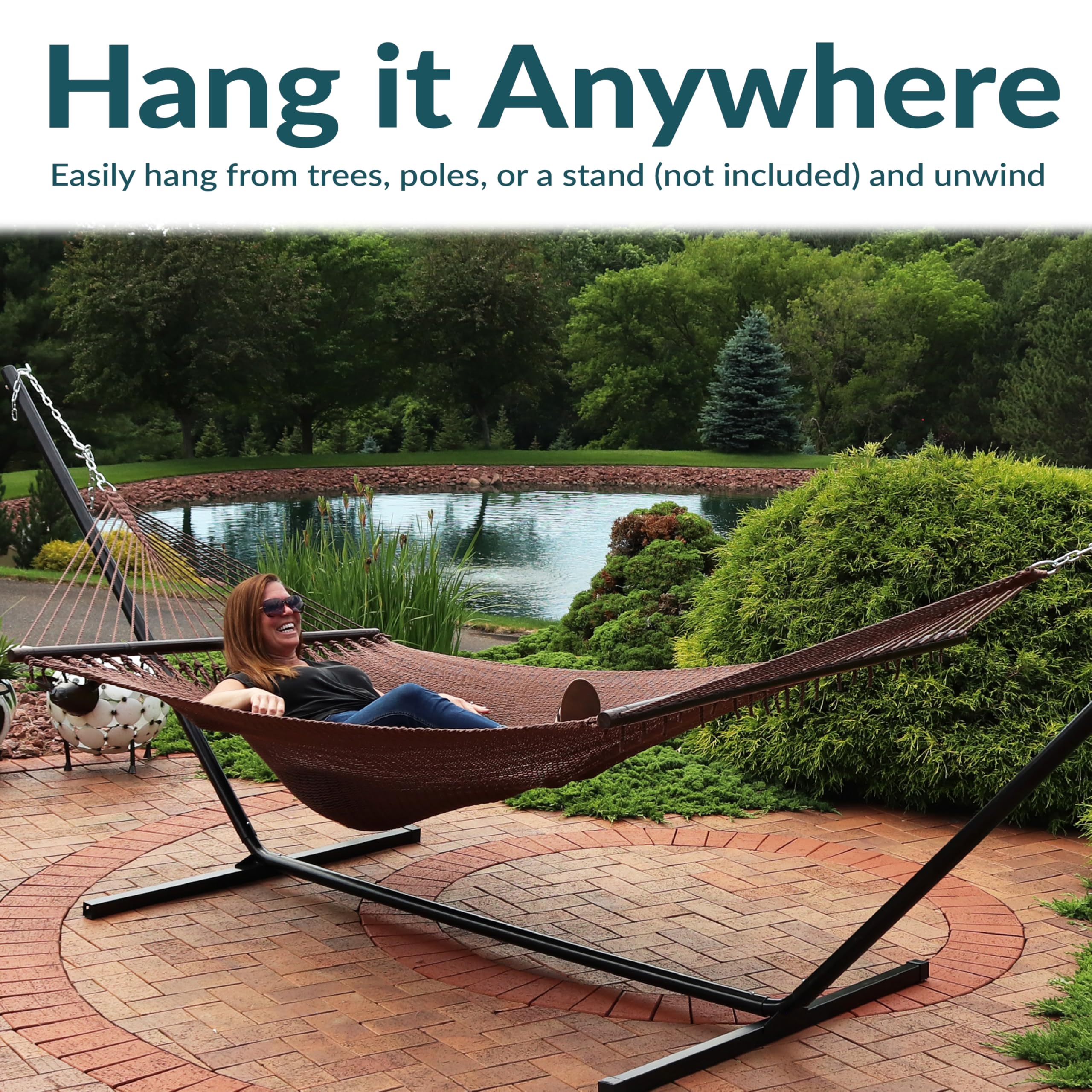 Sunnydaze Decor hammock in use with two people relaxing, demonstrates roomy comfort