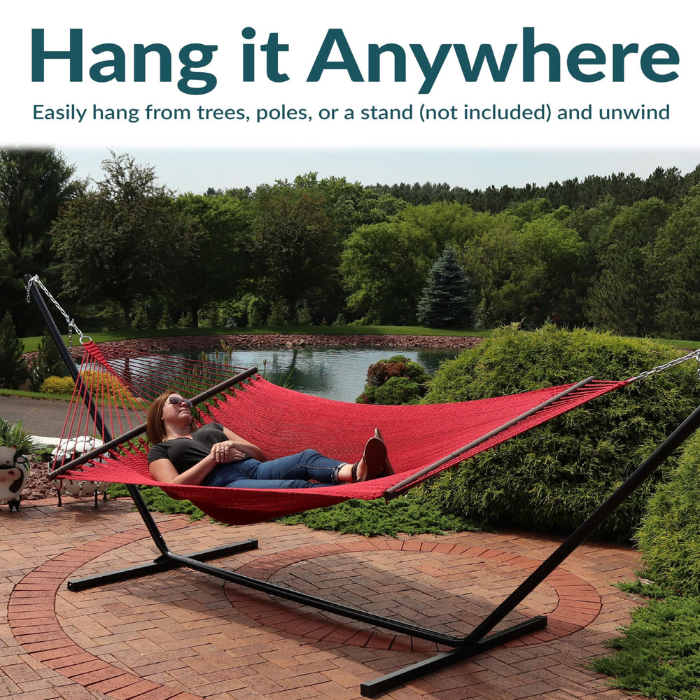 Sunnydaze hammock in use with two people demonstrating comfortable weight capacity