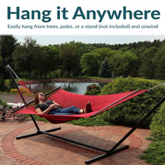 Sunnydaze hammock in use with two people demonstrating comfortable weight capacity