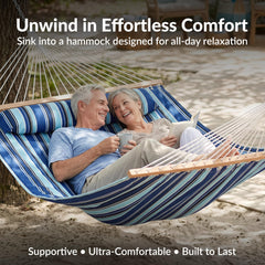 Sunnydaze hammock in use with two people relaxing comfortably outdoors