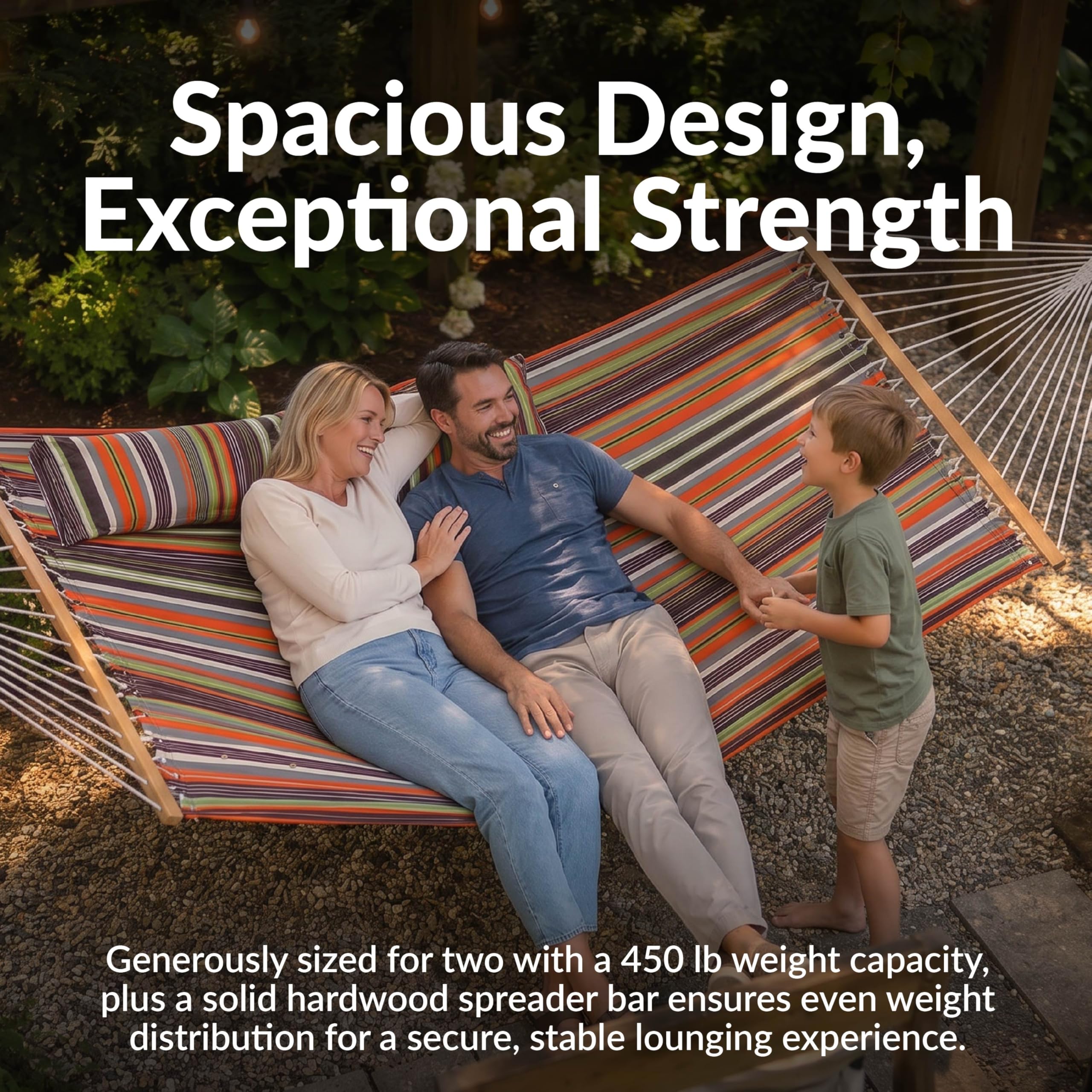 Sunnydaze hammock in use with two people demonstrating comfortable outdoor lounging