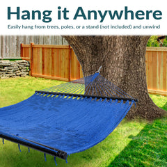Sunnydaze hammock in use with two people relaxing, illustrating roomy comfort and support