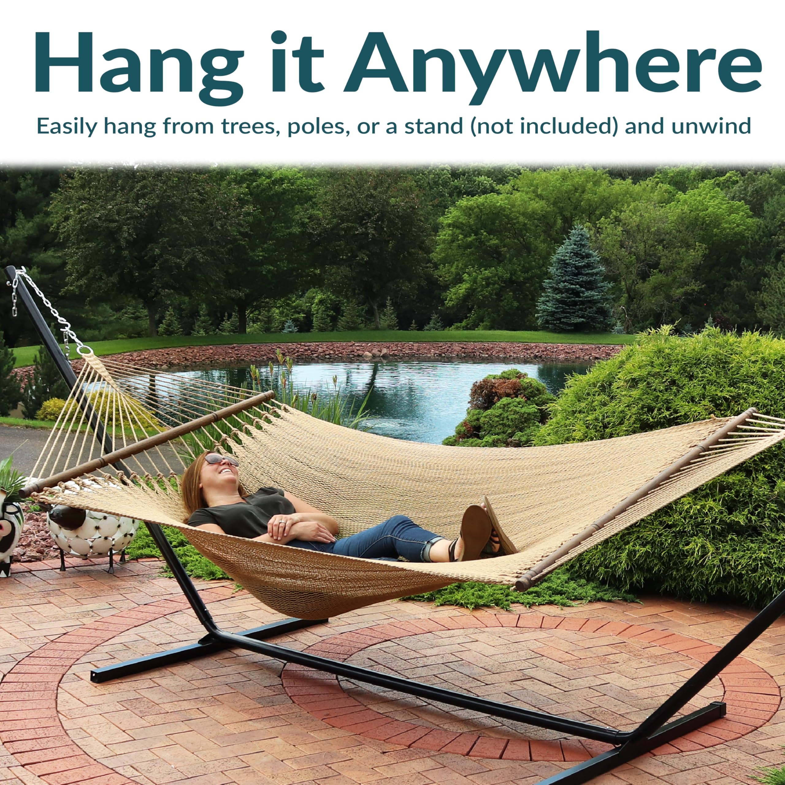Sunnydaze hammock on 15-foot stand showing easy installation