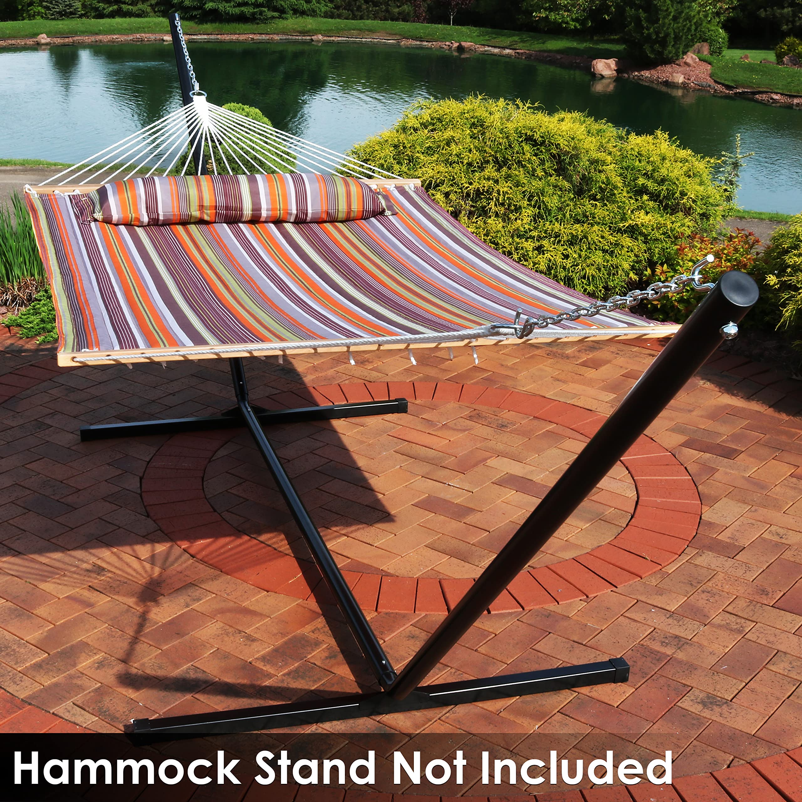 Sunnydaze folded hammock packed in hands for easy transport and lightweight portability