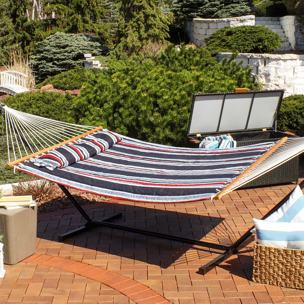 Sunnydaze hammock next to chair to illustrate size and scale