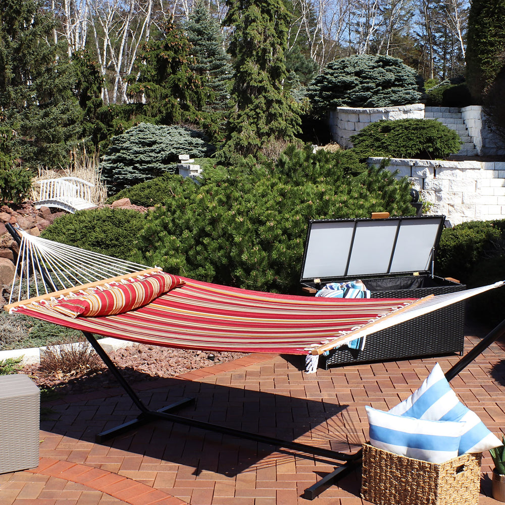 Sunnydaze hammock with person for scale showing roomy two-person capacity