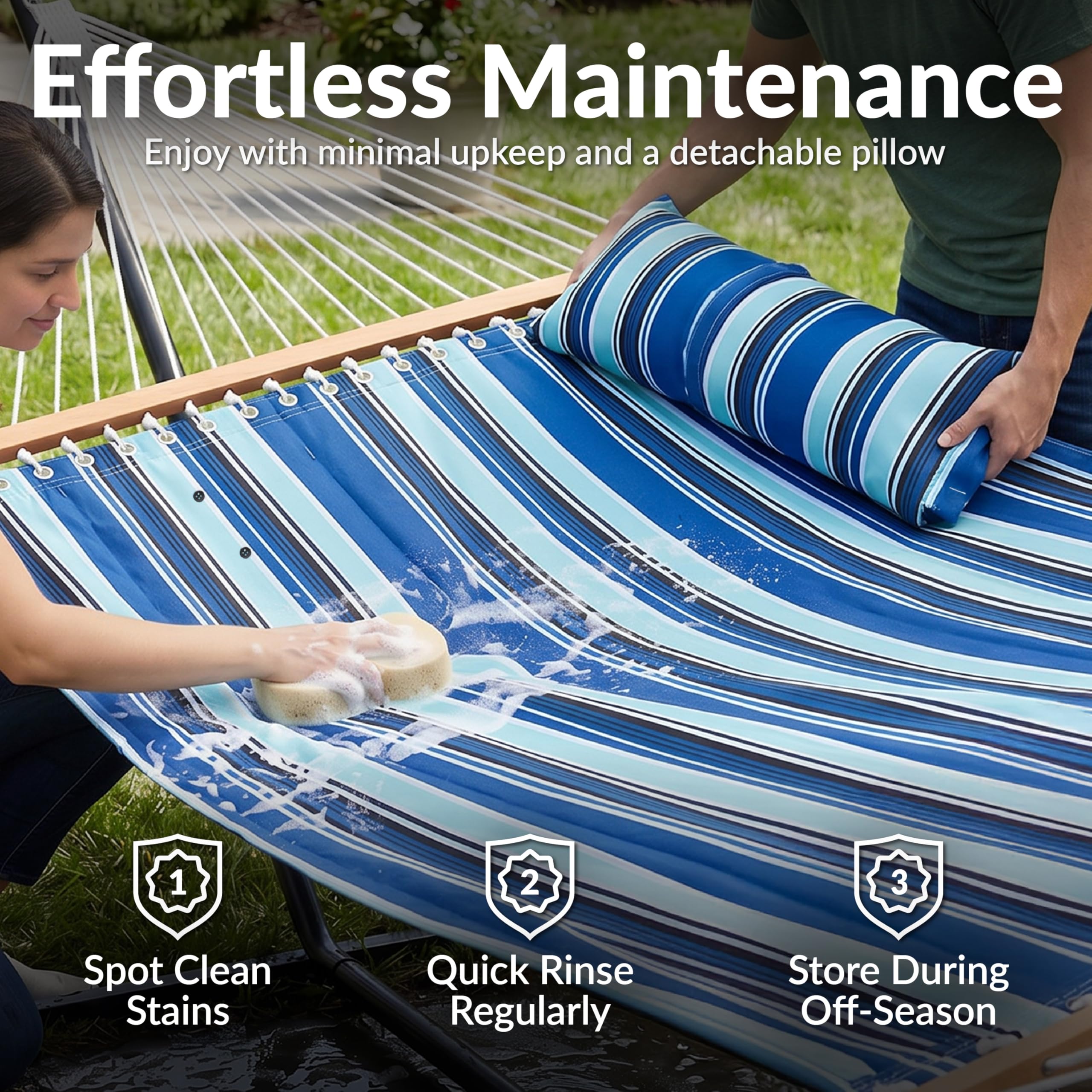 Sunnydaze hammock next to person demonstrating full-size 74-inch width
