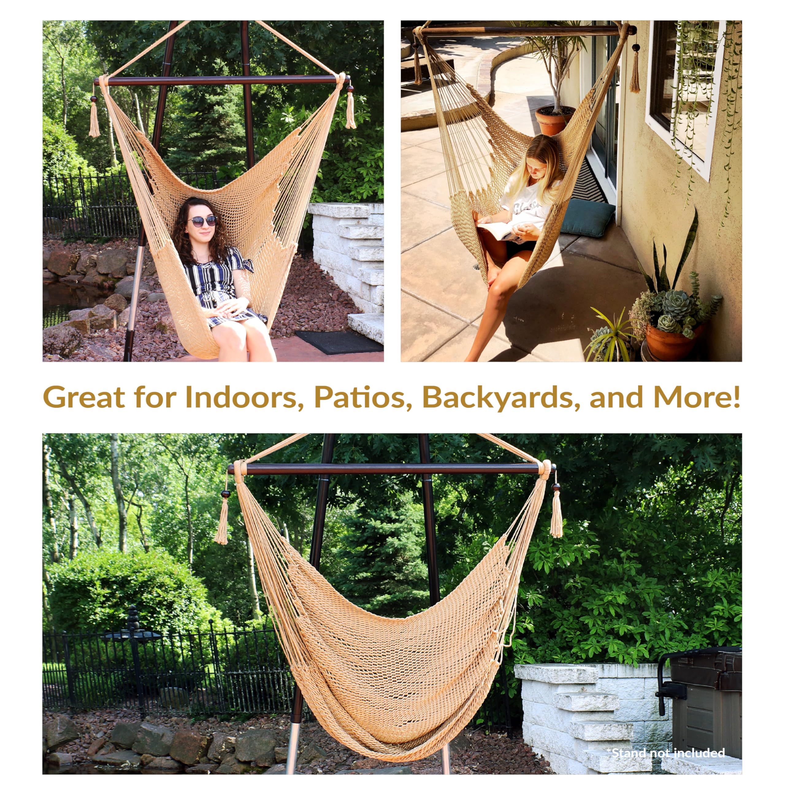 Sunnydaze hammock chair hanging from tree branch for shaded outdoor relaxation