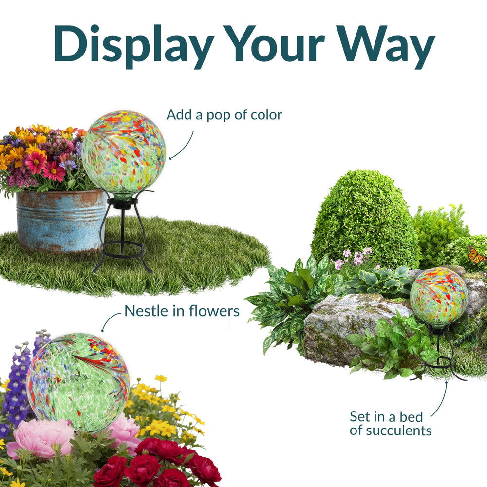 Sunnydaze gazing ball placed in garden bed adding color contrast and focus