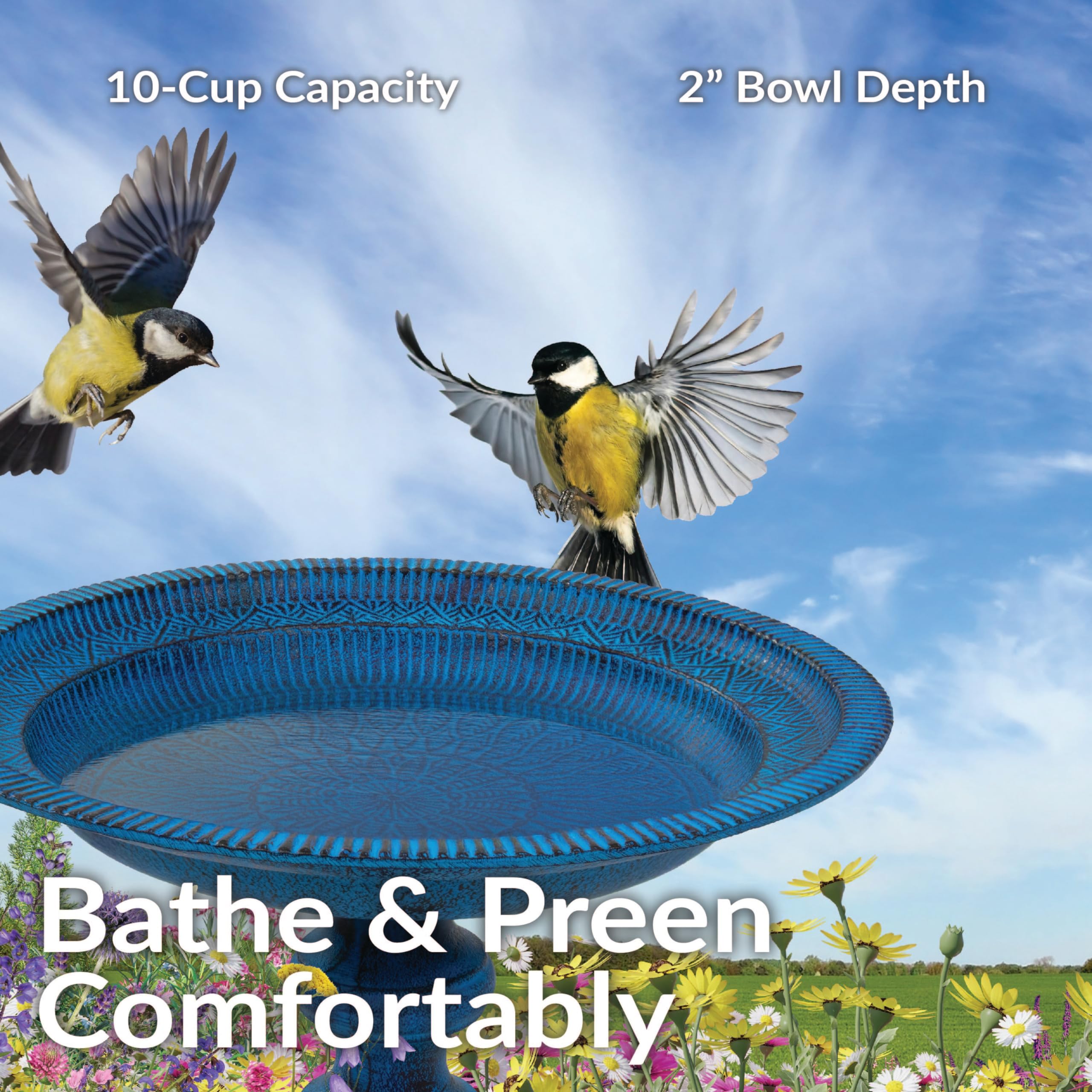 Sunnydaze bird bath placed in garden setting attracting birds and enhancing design