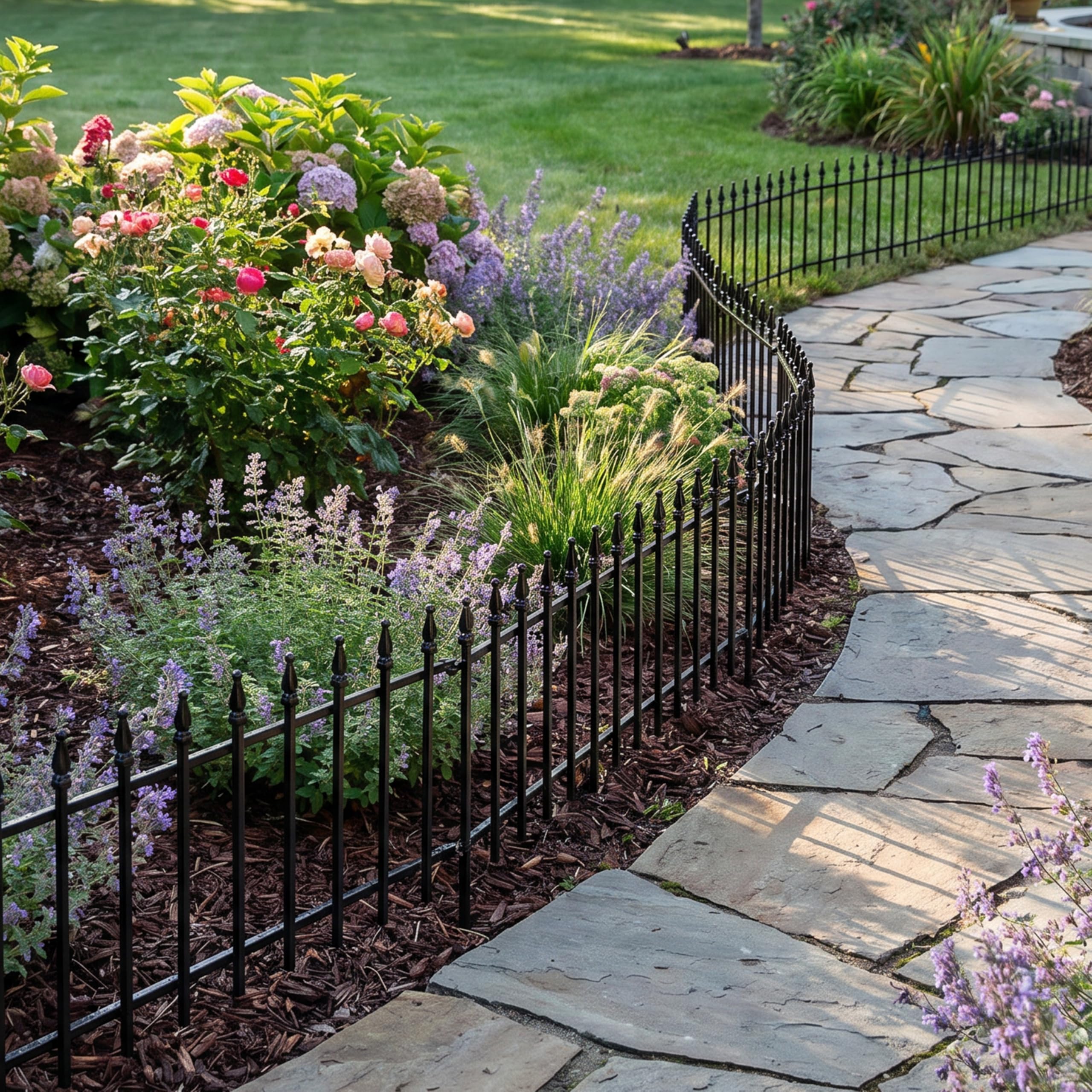 Sunnydaze in use around flower bed protecting plants and defining space