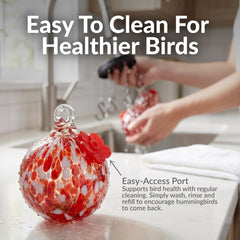 Sunnydaze hummingbird feeding from glass orb demonstrating multiple access