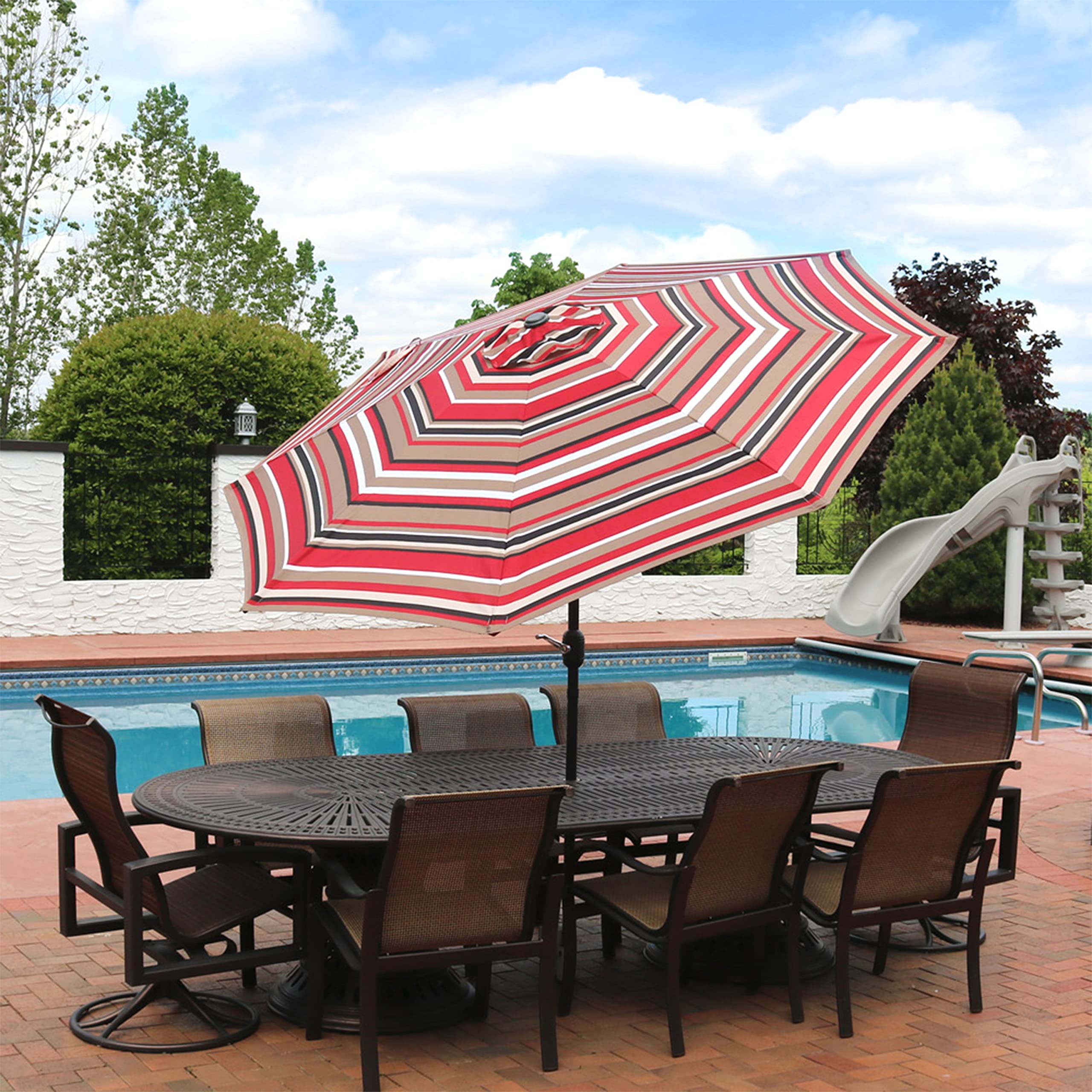 Sunnydaze umbrella in use over dining table creating comfortable shaded meals