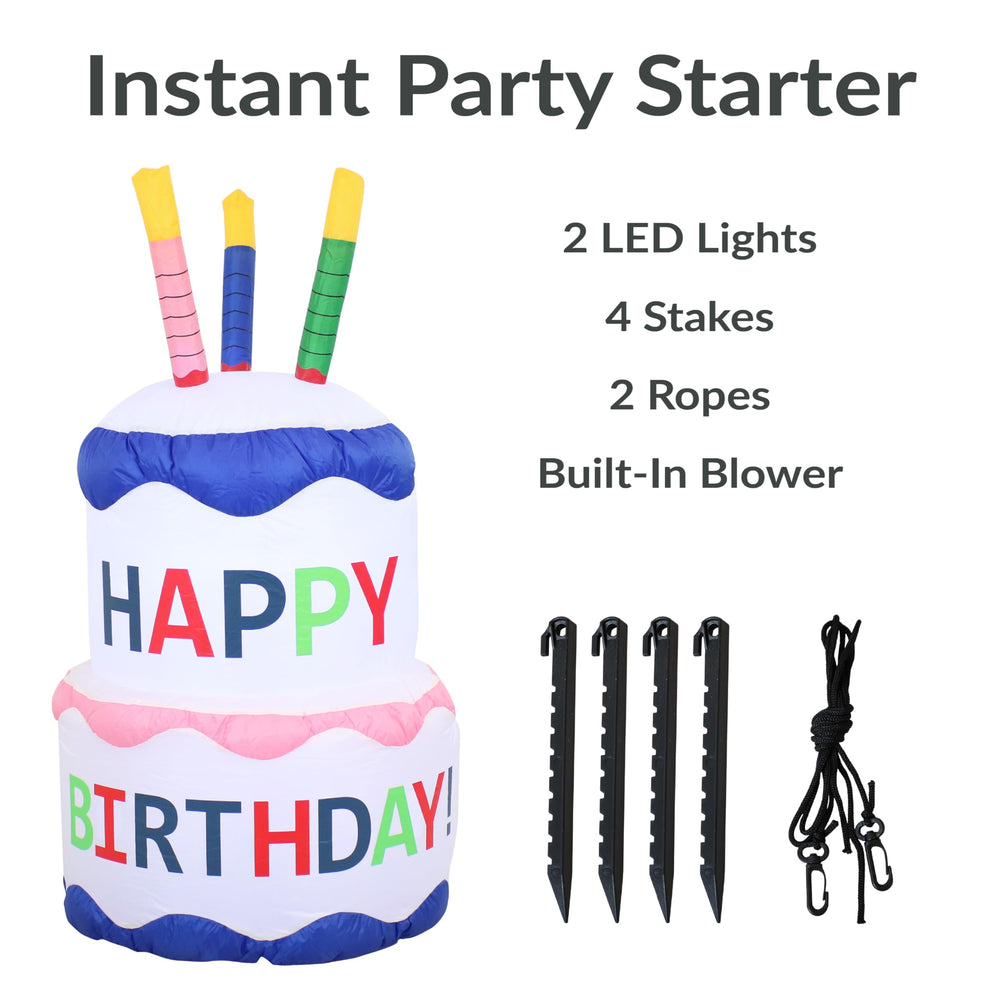 Sunnydaze inflatable cake lit at night providing bright celebration ambiance