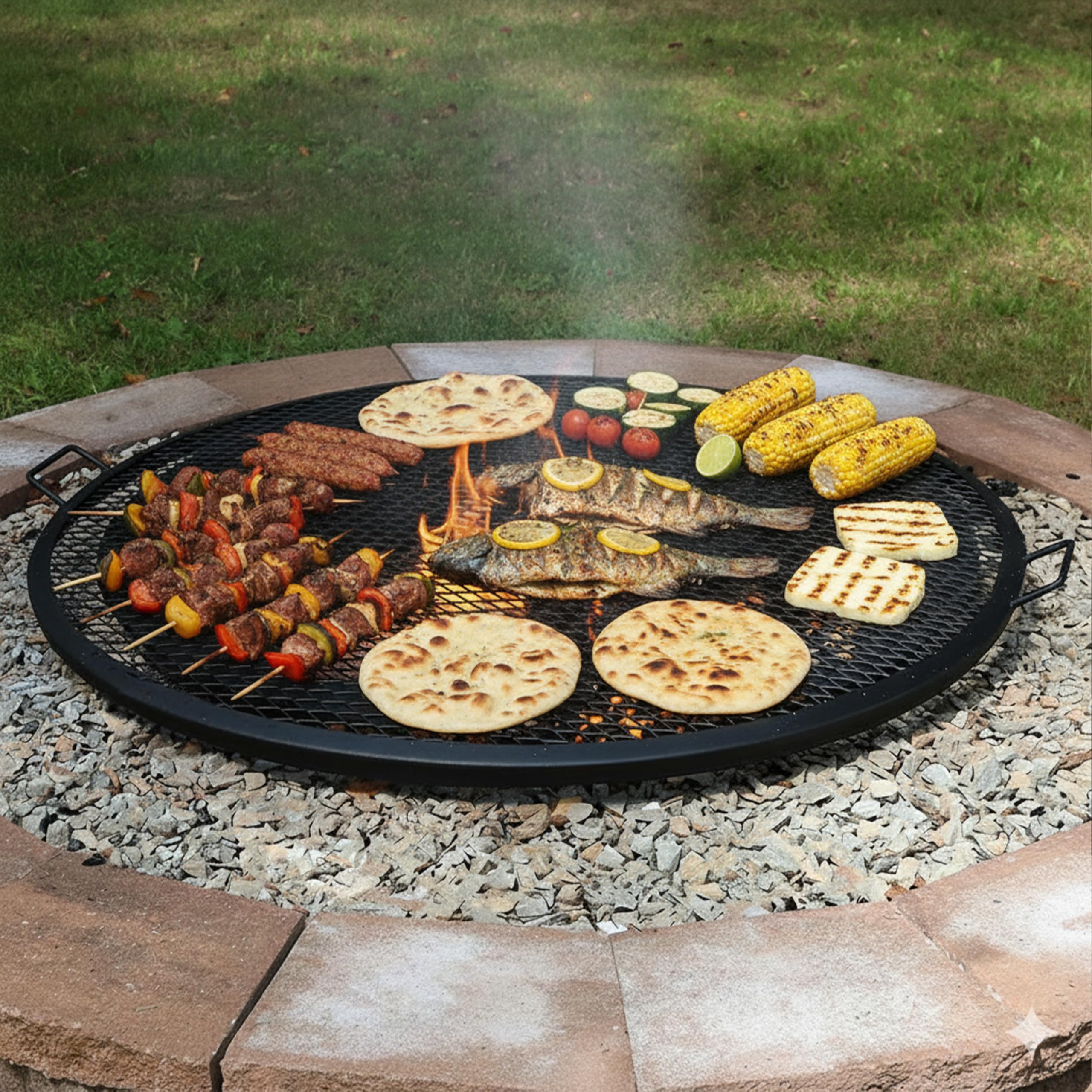 Sunnydaze outdoor scene with grate serving a backyard campfire meal benefit