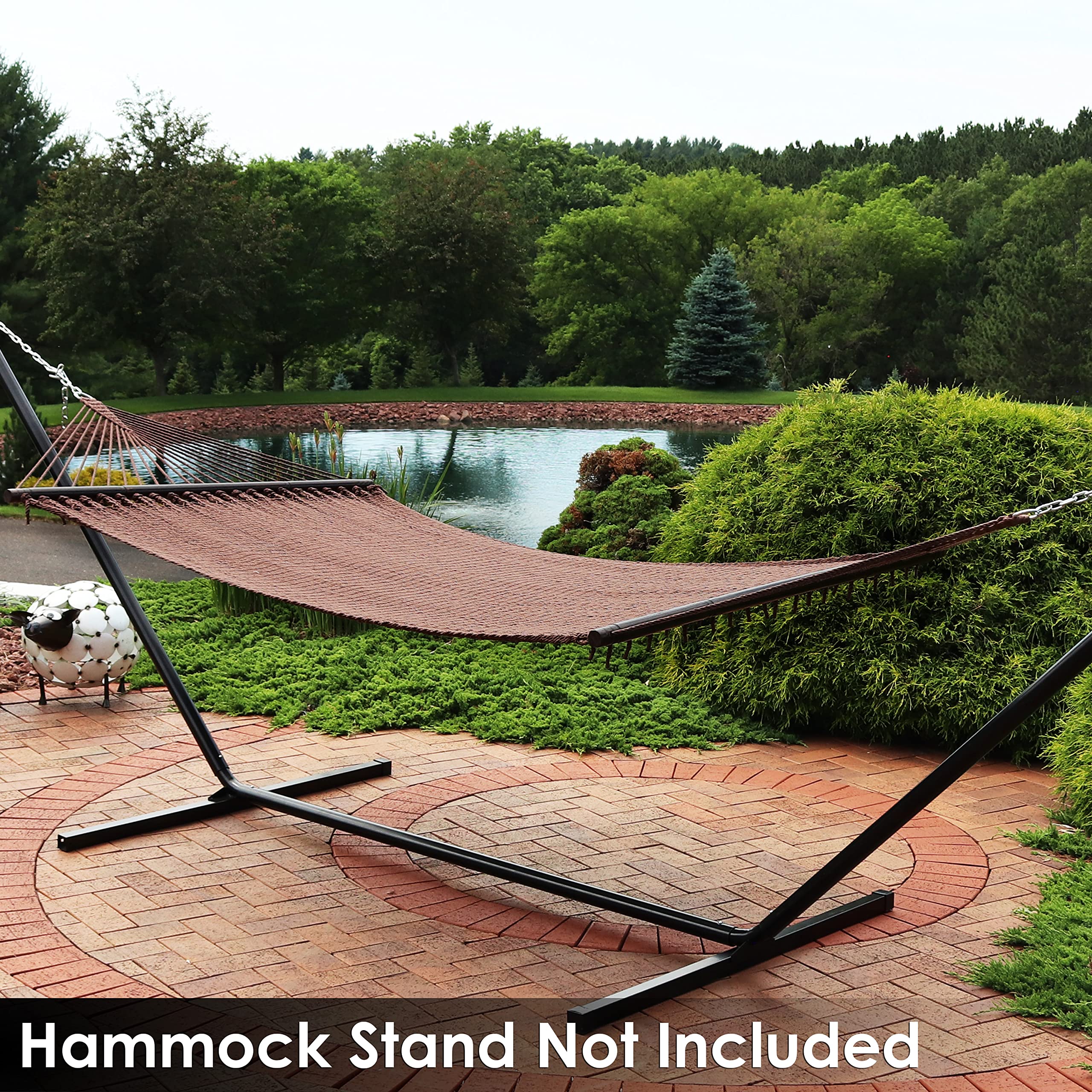 Sunnydaze Decor lifestyle backyard scene with hammock, showcases stylish outdoor relaxation