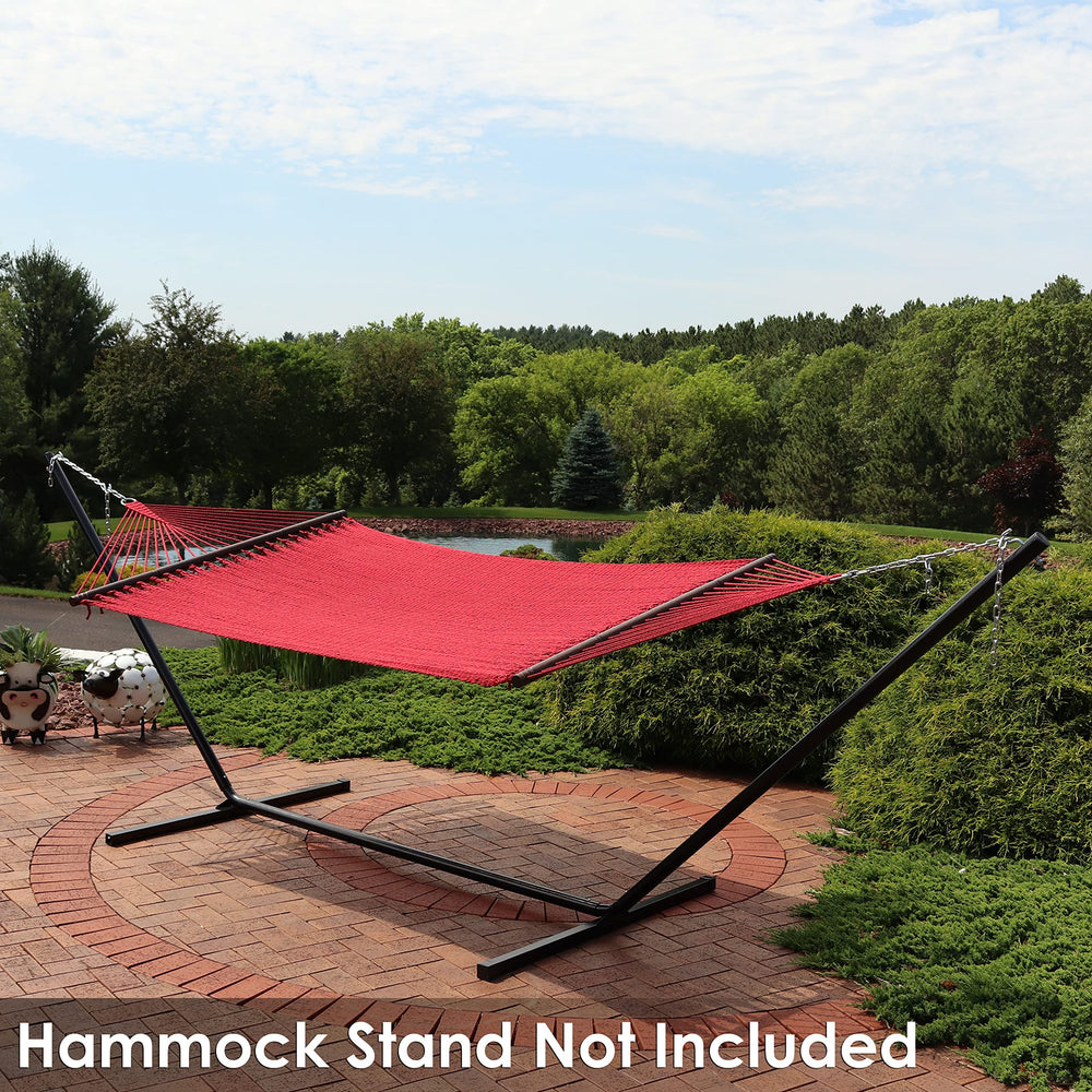 Sunnydaze hammock in backyard setting highlighting stylish outdoor relaxation