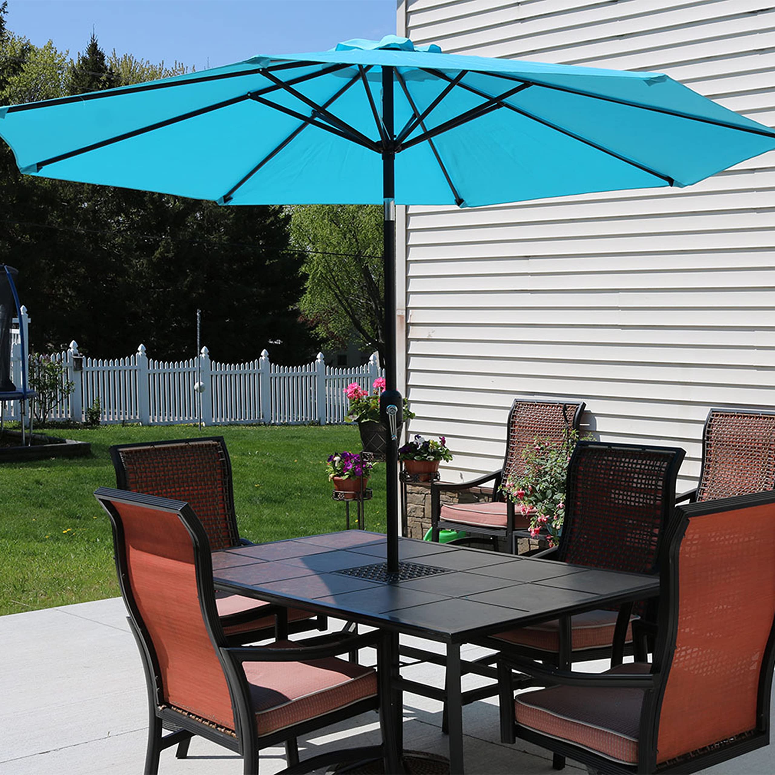 Sunnydaze umbrella over patio table lifestyle scene showing comfortable shaded seating benefit