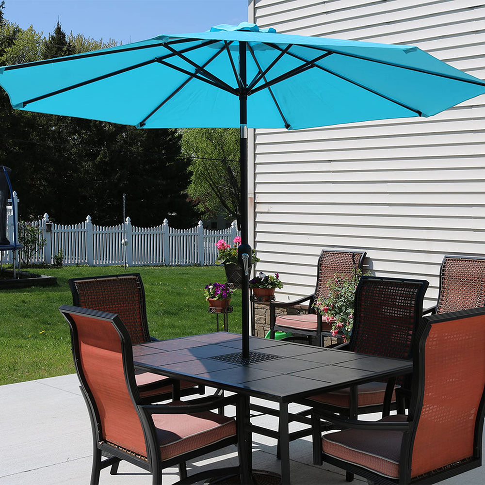 Sunnydaze umbrella over patio table lifestyle scene showing comfortable shaded seating benefit