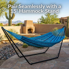 Sunnydaze Mayan hammock on stand demonstrating easy setup advantage