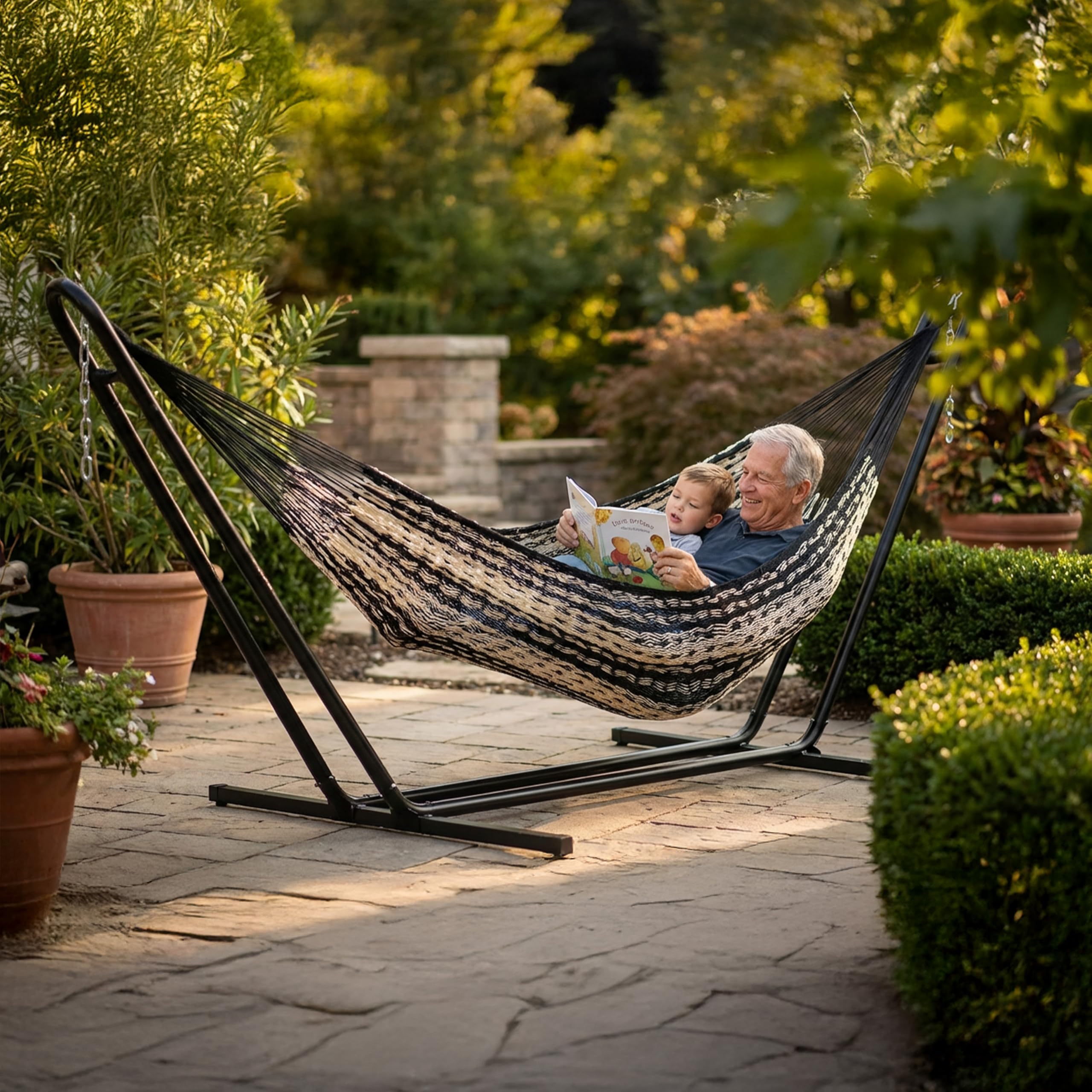 Sunnydaze folded hammock in storage showing portability and easy care benefit