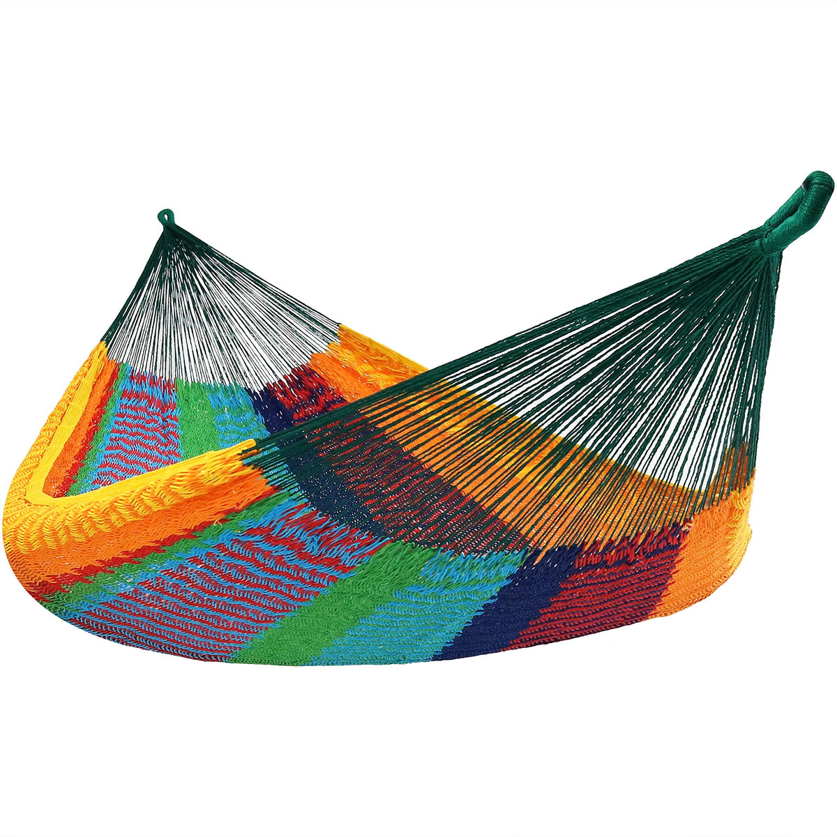 Sunnydaze Mayan XXL full hammock spread showing roomy bed and bold colors