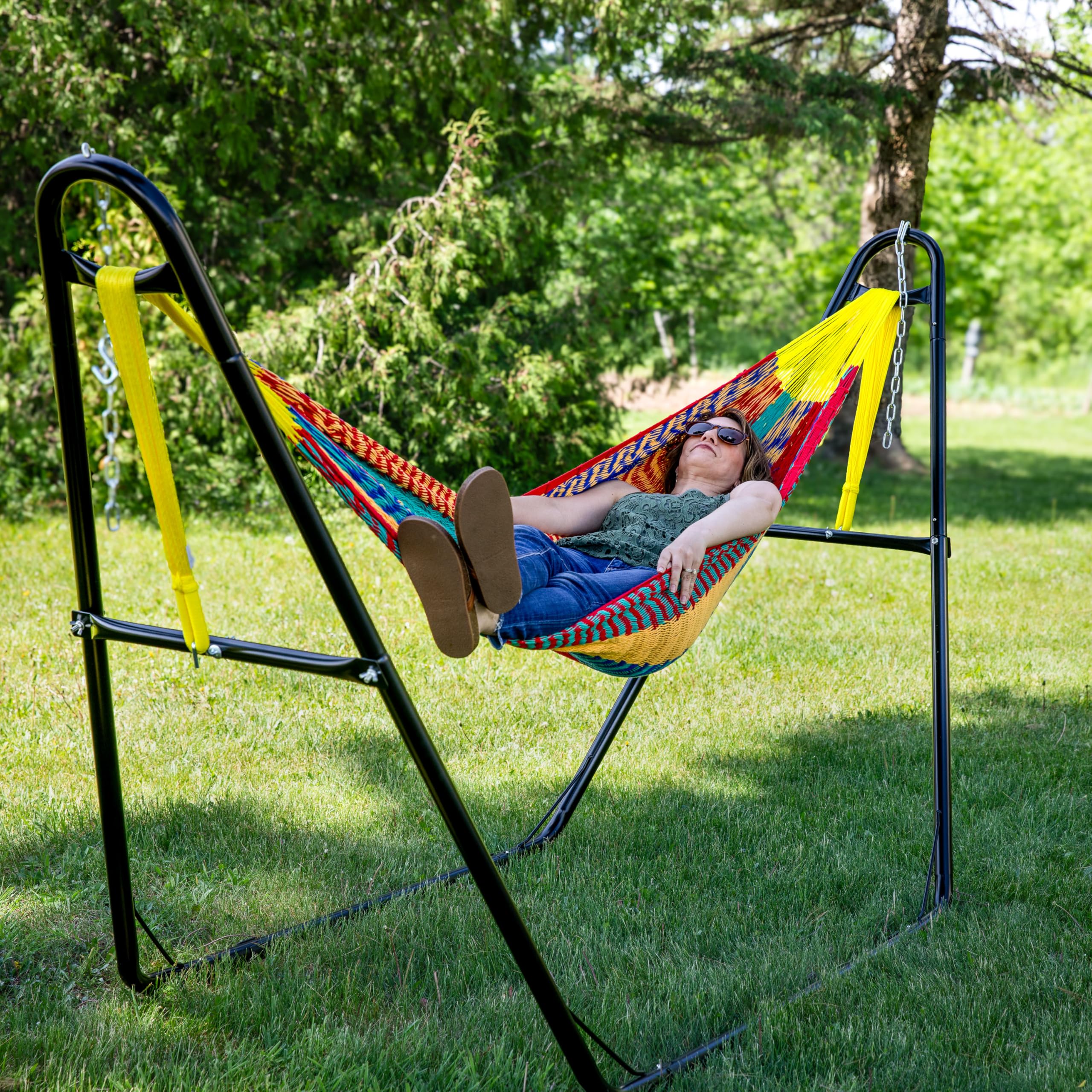 Sunnydaze Mayan XXL in a backyard lifestyle scene conveying relaxing ambiance