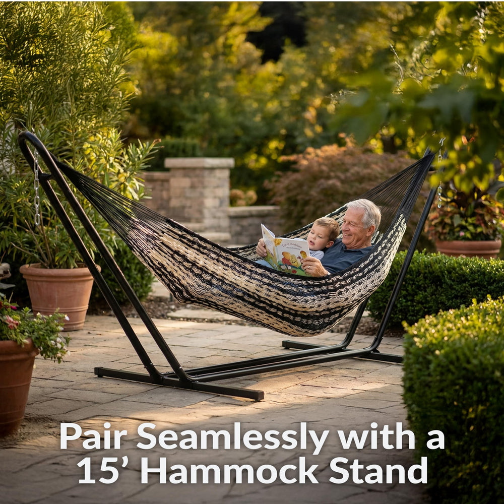 Sunnydaze hammock with person for scale showing generous size and user comfort