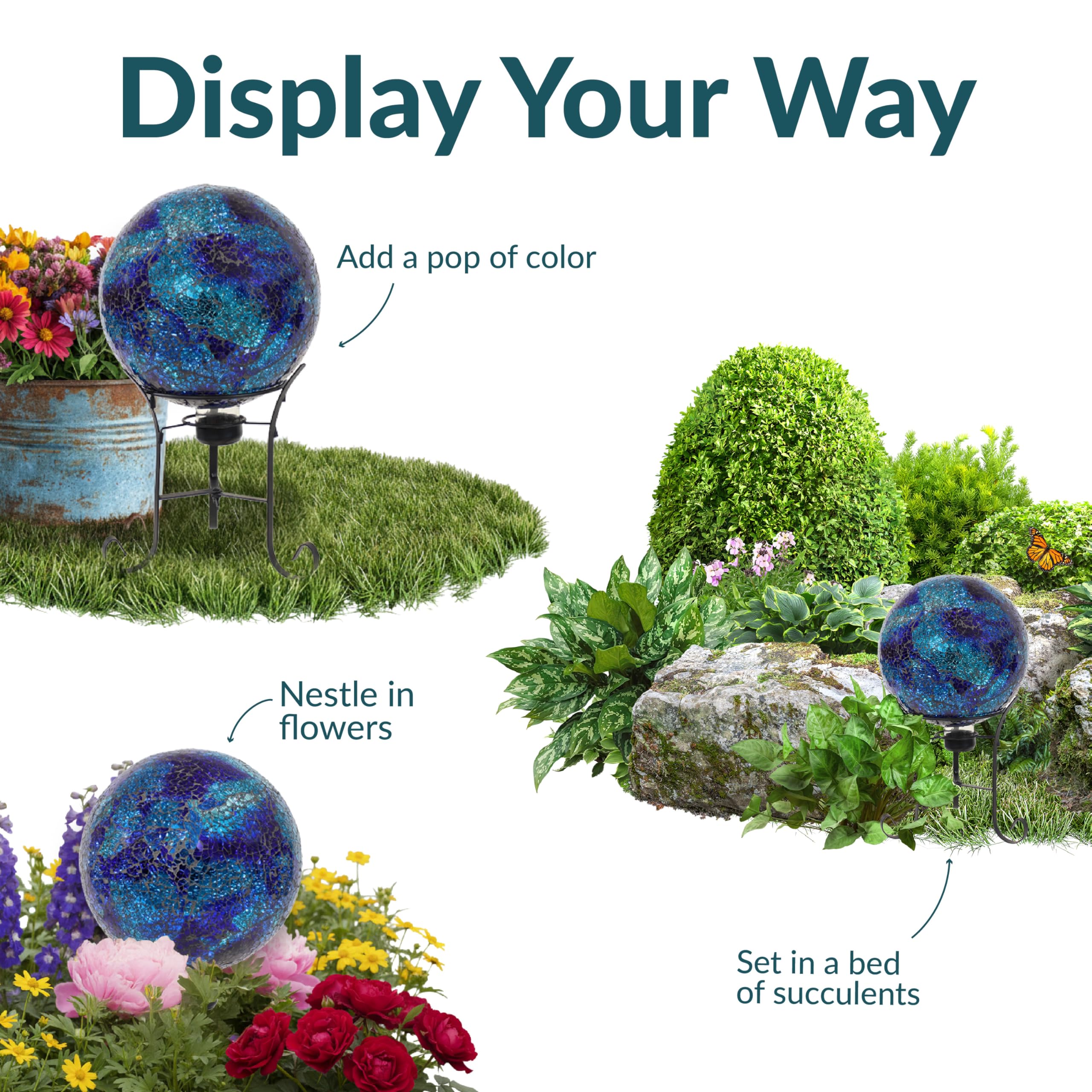 Sunnydaze gazing ball mounted on a decorative stand for elevated display