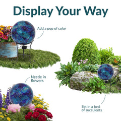 Sunnydaze gazing ball mounted on a decorative stand for elevated display