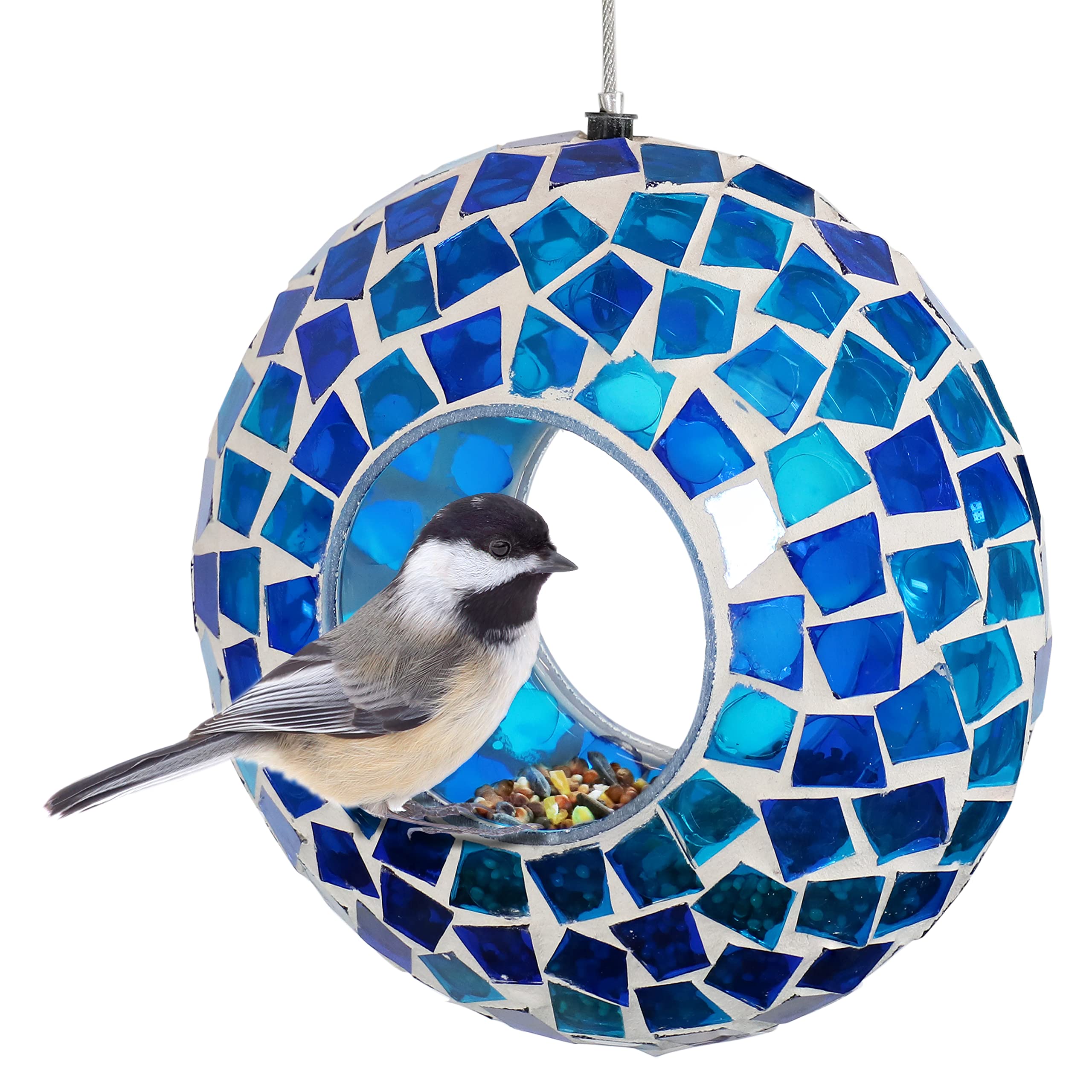 Sunnydaze front view of blue mosaic feeder showing colorful design and access
