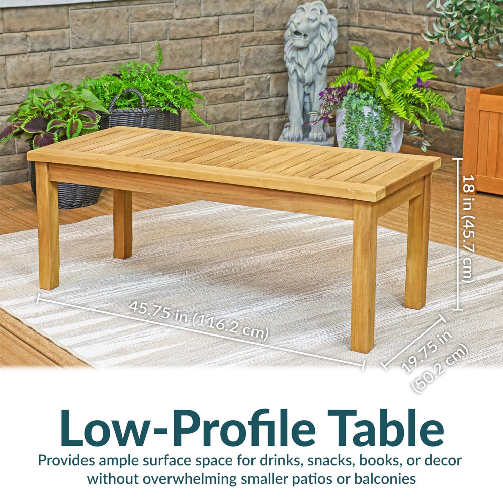 Sunnydaze Decor coffee table in patio setting demonstrating how it anchors seating