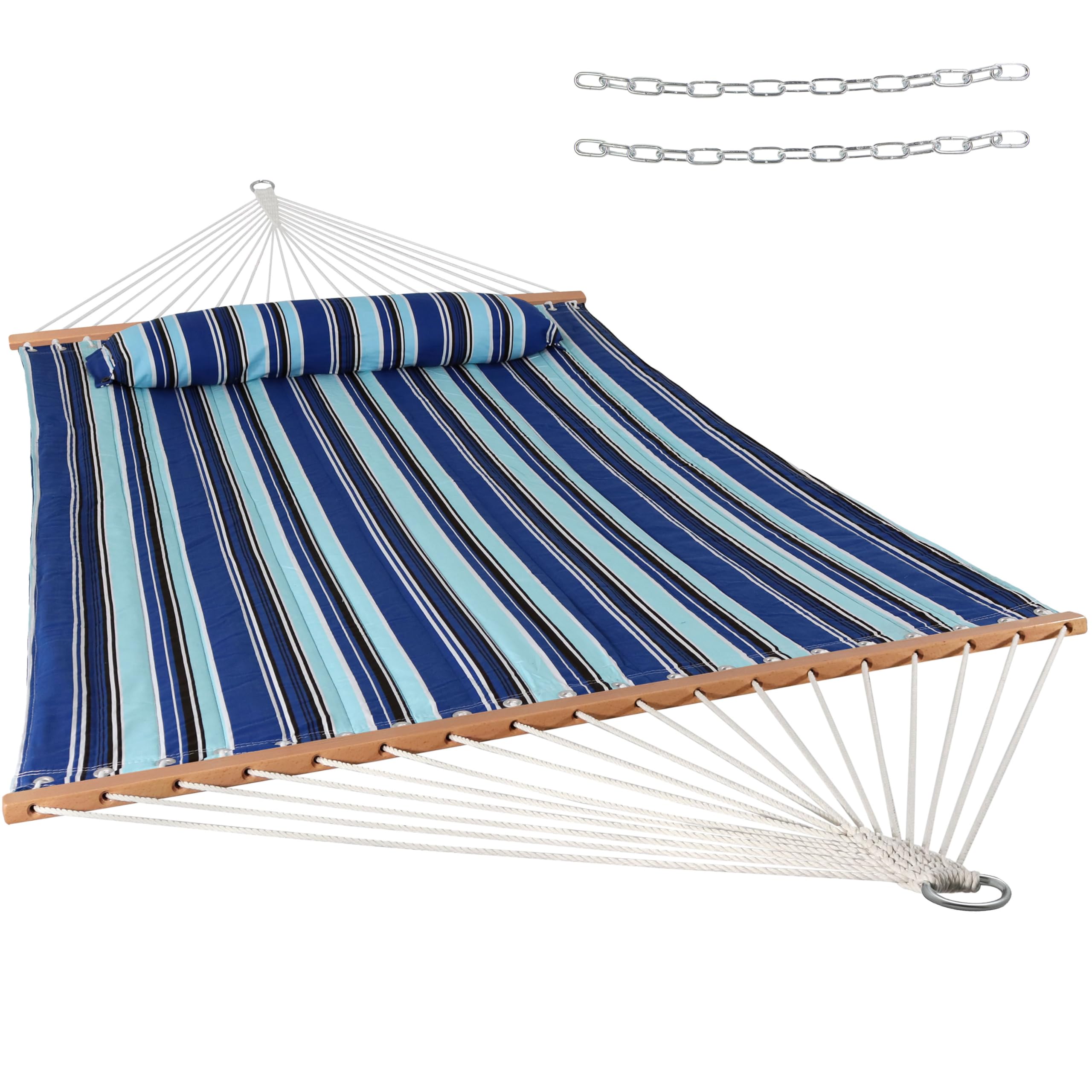 Sunnydaze front view of quilted double hammock showing roomy, inviting bed