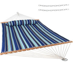 Sunnydaze front view of quilted double hammock showing roomy, inviting bed