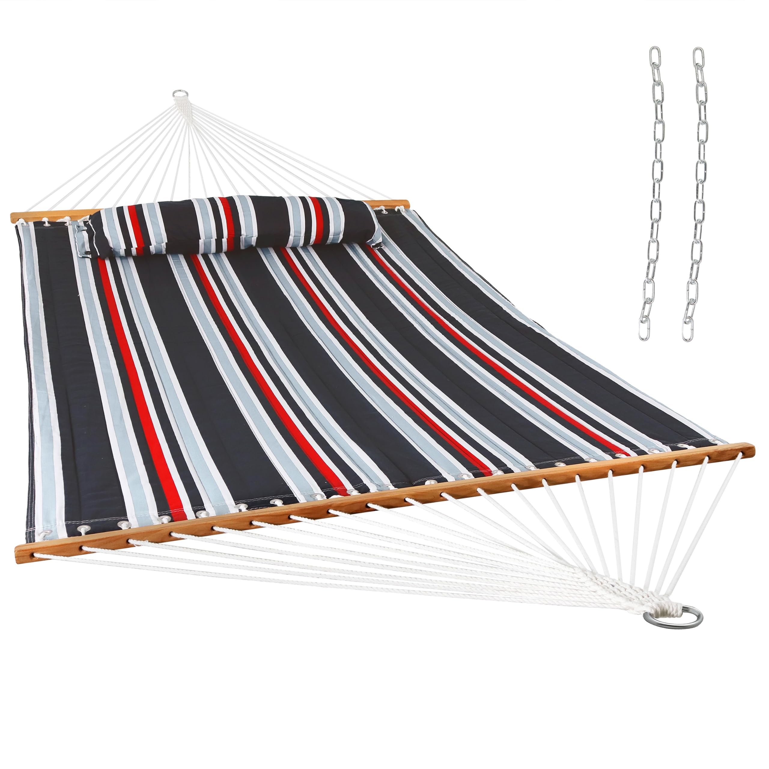 Sunnydaze quilted hammock front view showing roomy two-person comfort