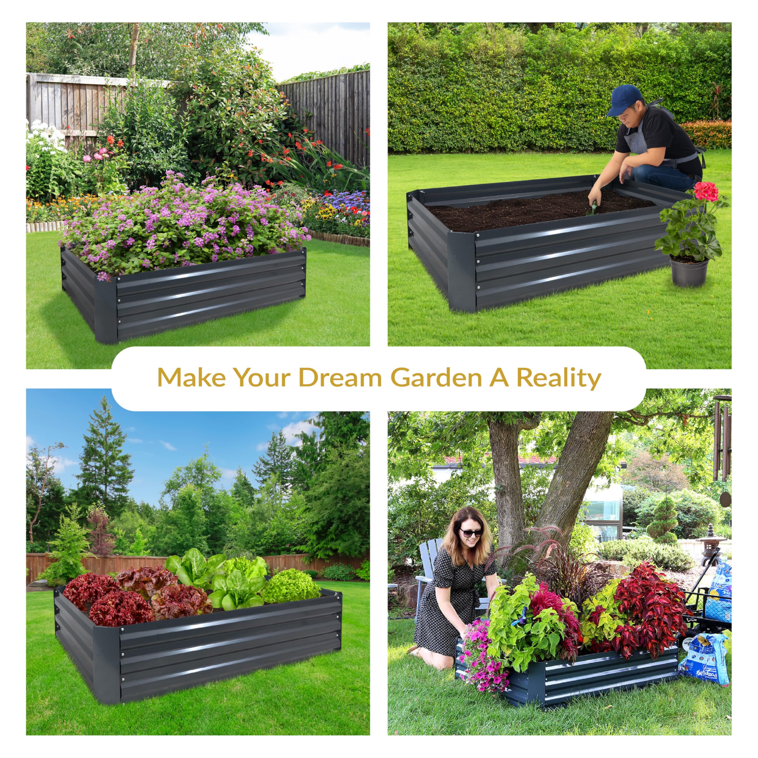 Sunnydaze side-angle of assembled raised bed showing sturdy seams and stable structure