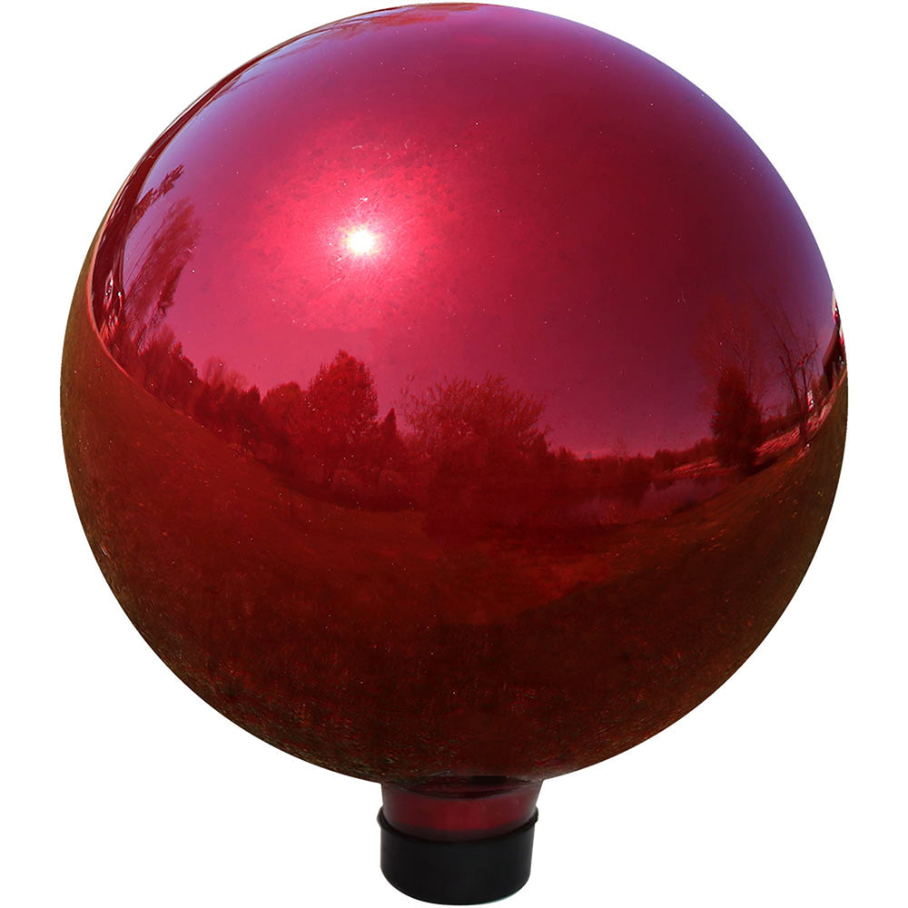 Sunnydaze red gazing ball front view showing vibrant mirrored color