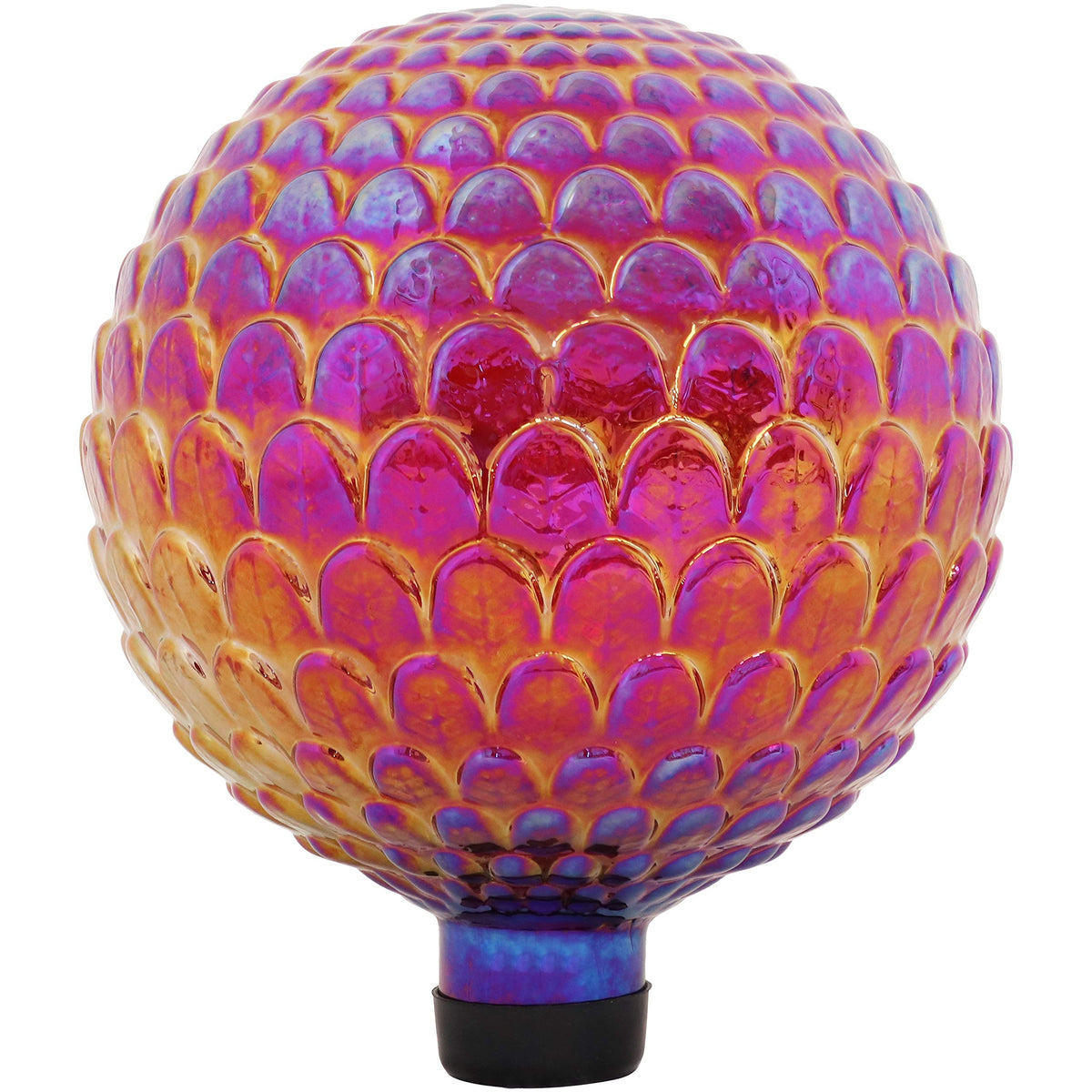 Sunnydaze red scalloped gazing ball front view showing vibrant color and focal interest