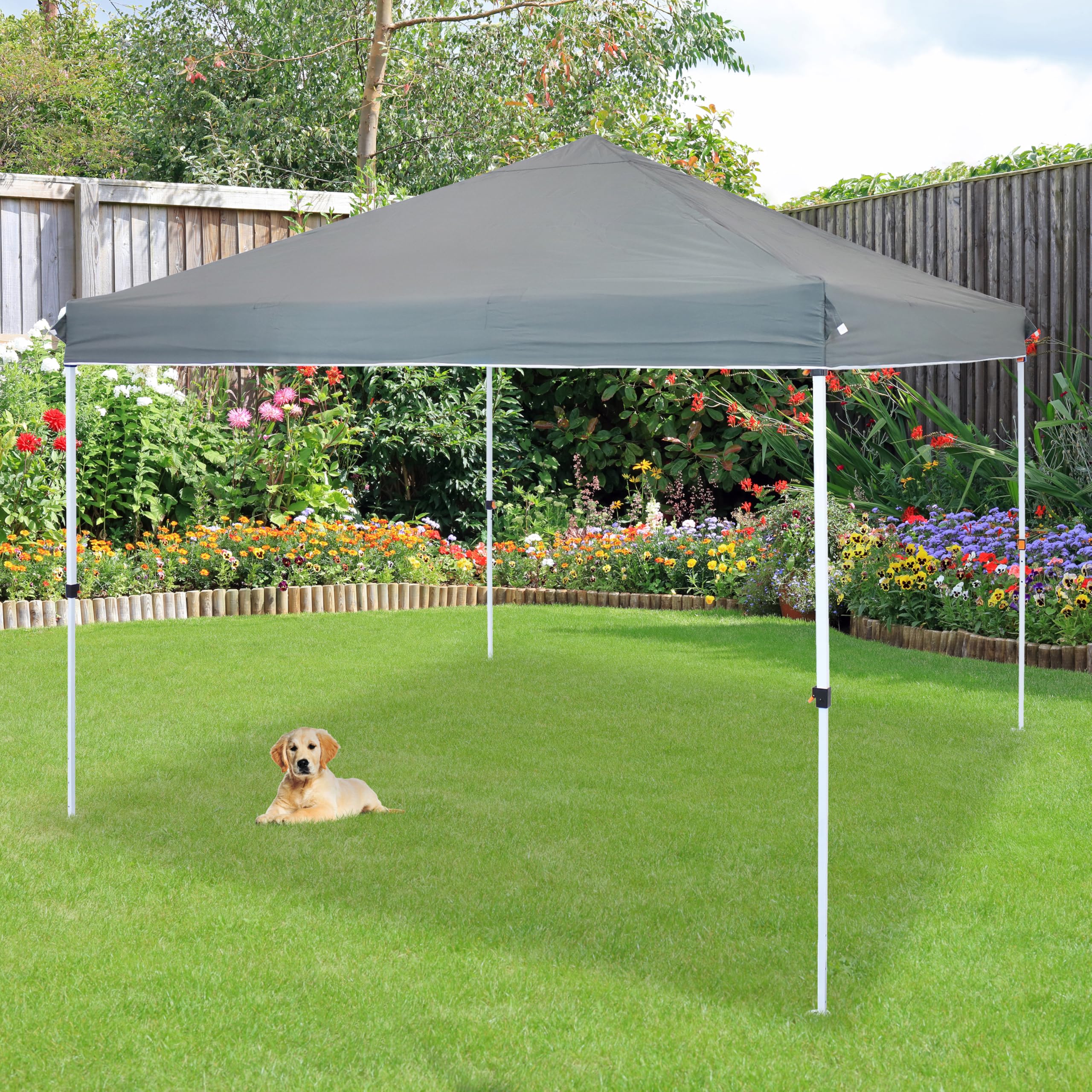 Sunnydaze man standing beside canopy shows size scale and easy setup