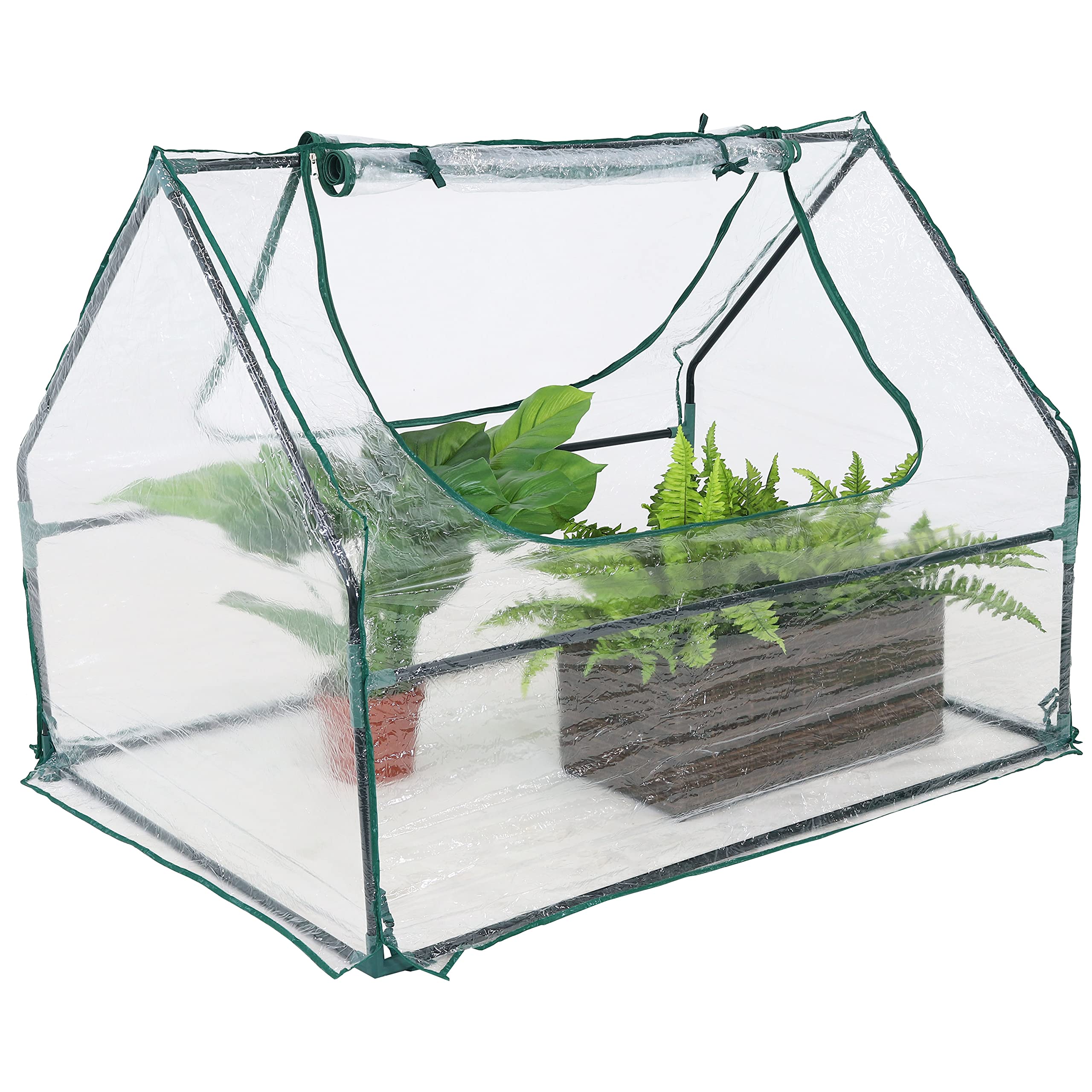 Sunnydaze mini greenhouse placed on balcony to show real-world scale and portability
