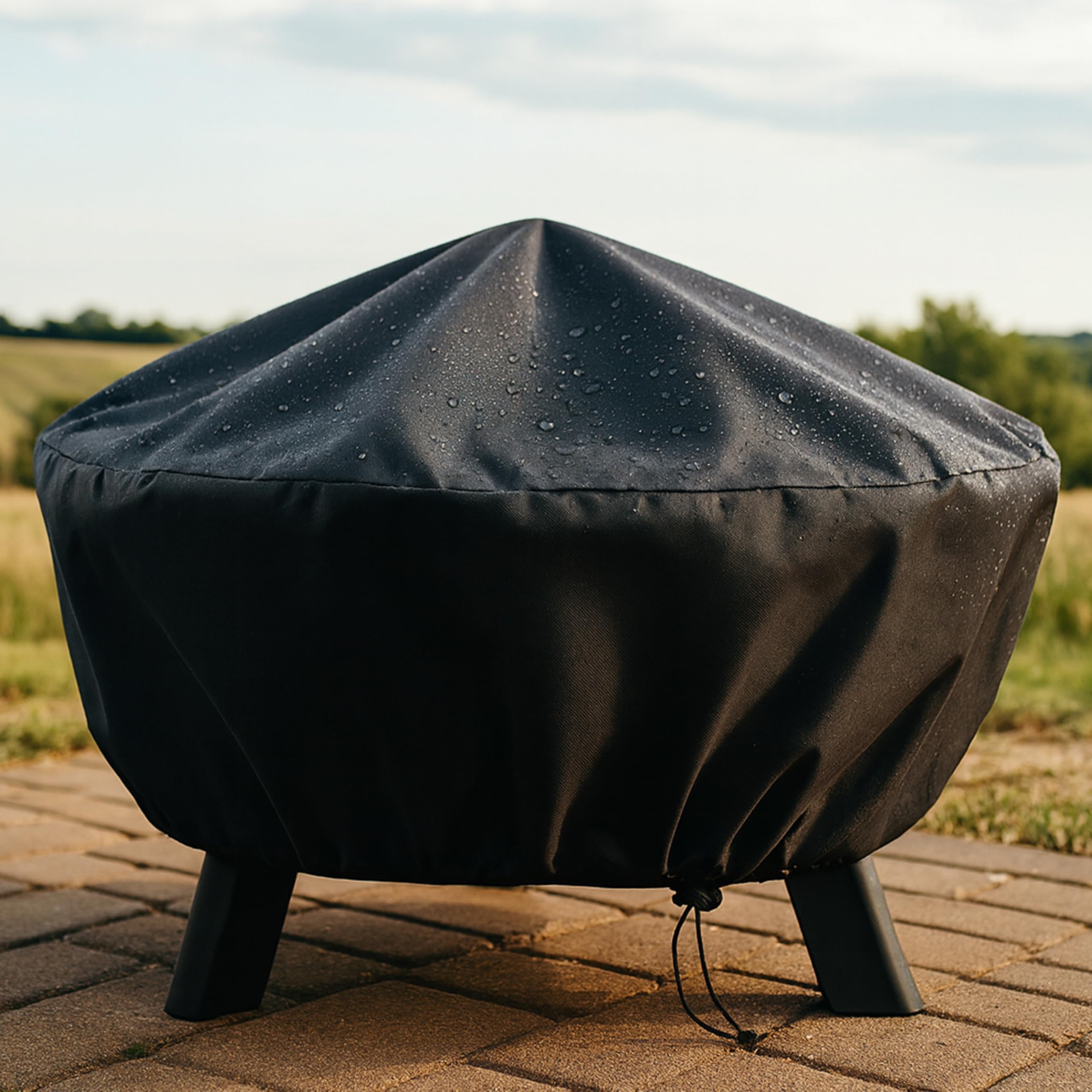 Sunnydaze covered fire pit beside chair for clear size comparison