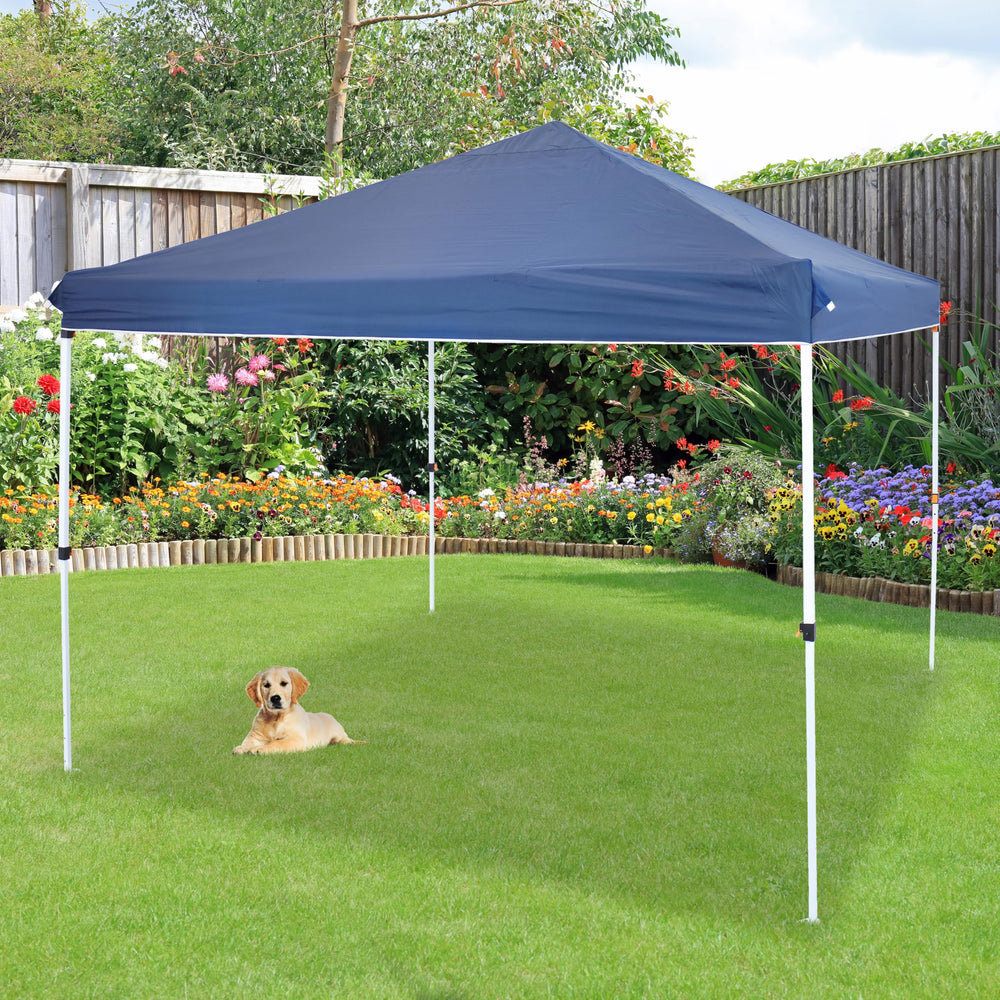 Sunnydaze canopy next to person for size comparison showing true 12x12 scale